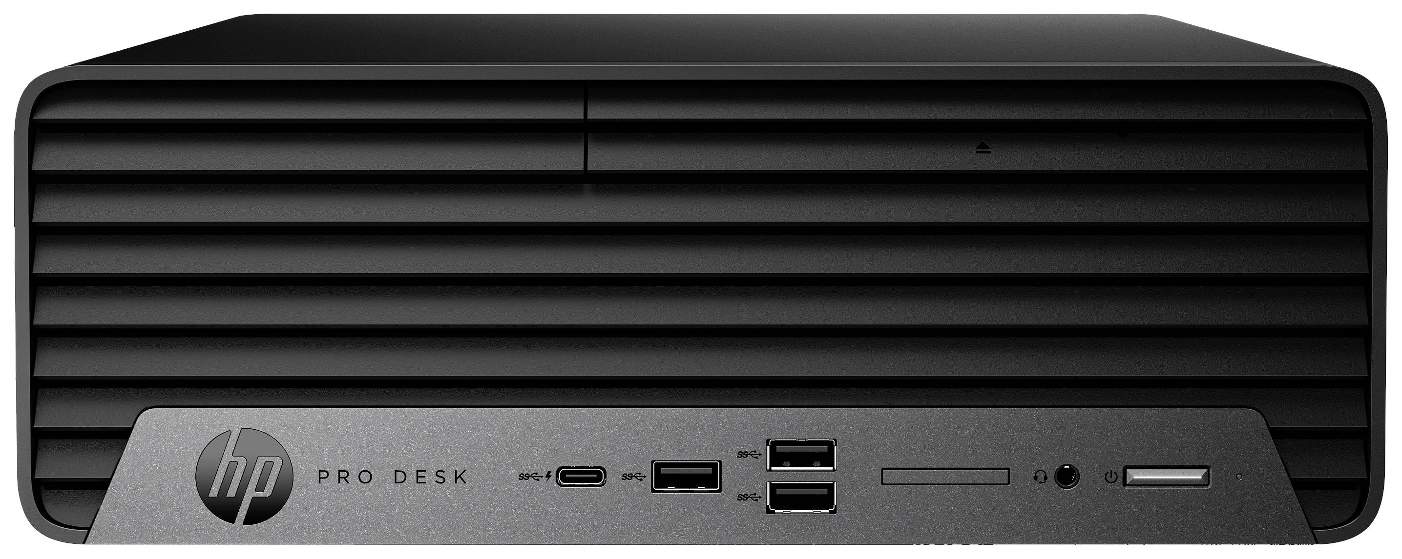 Ein schwarzer Desktop-Computer mit waagerechten Lüftungsschlitzen auf der Vorderseite. Unten sind Anschlüsse und ein 'HP Pro Desk'-Logo zu sehen.