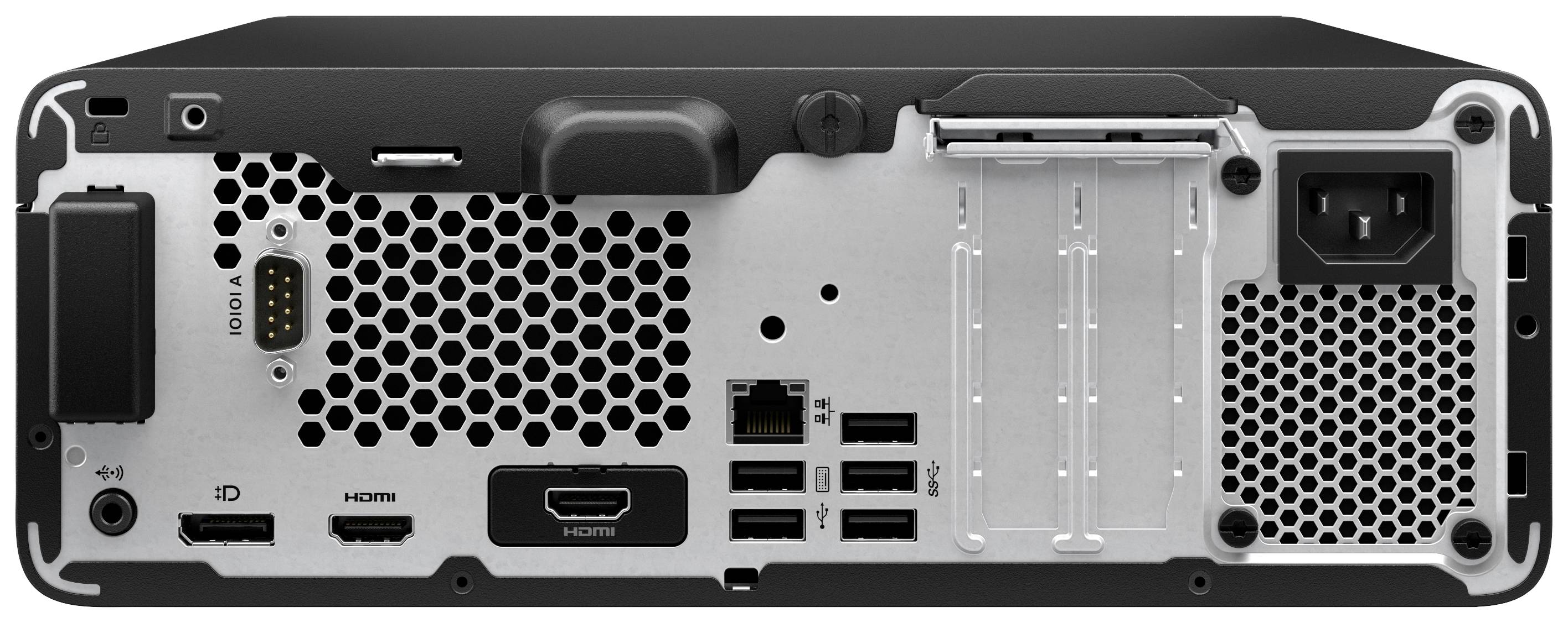 Rückseite eines Computergehäuses mit mehreren Anschlüssen, darunter HDMI, USB und Ethernet. Ein Lüfter ist sichtbar.