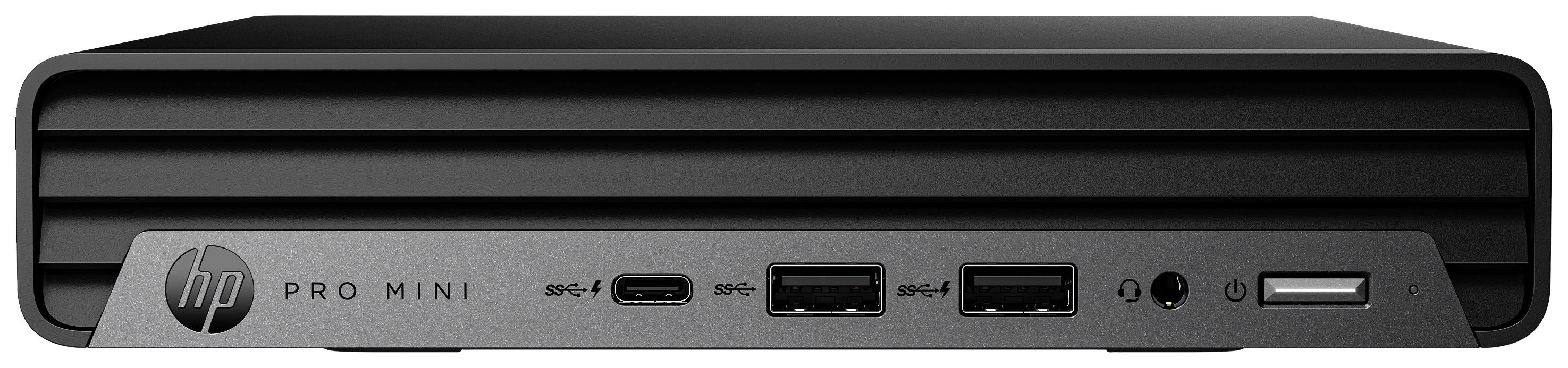 Ein kompakter schwarzer Computer mit mehreren Anschlüssen auf der Vorderseite, darunter USB- und Kopfhöreranschlüsse.