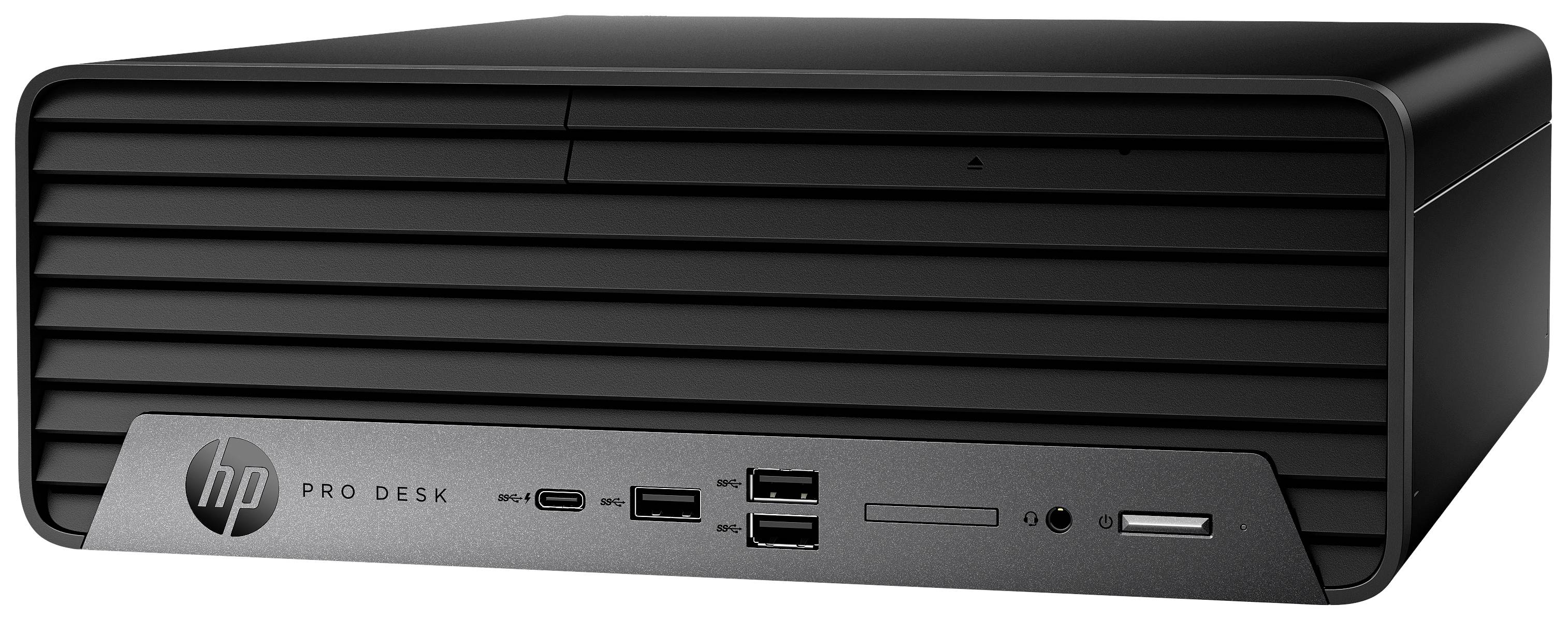 Ein schwarzer Desktop-Computer der Marke HP, Modell ProDesk. Vorderseite zeigt mehrere USB-Anschlüsse und ein optisches Laufwerk.
