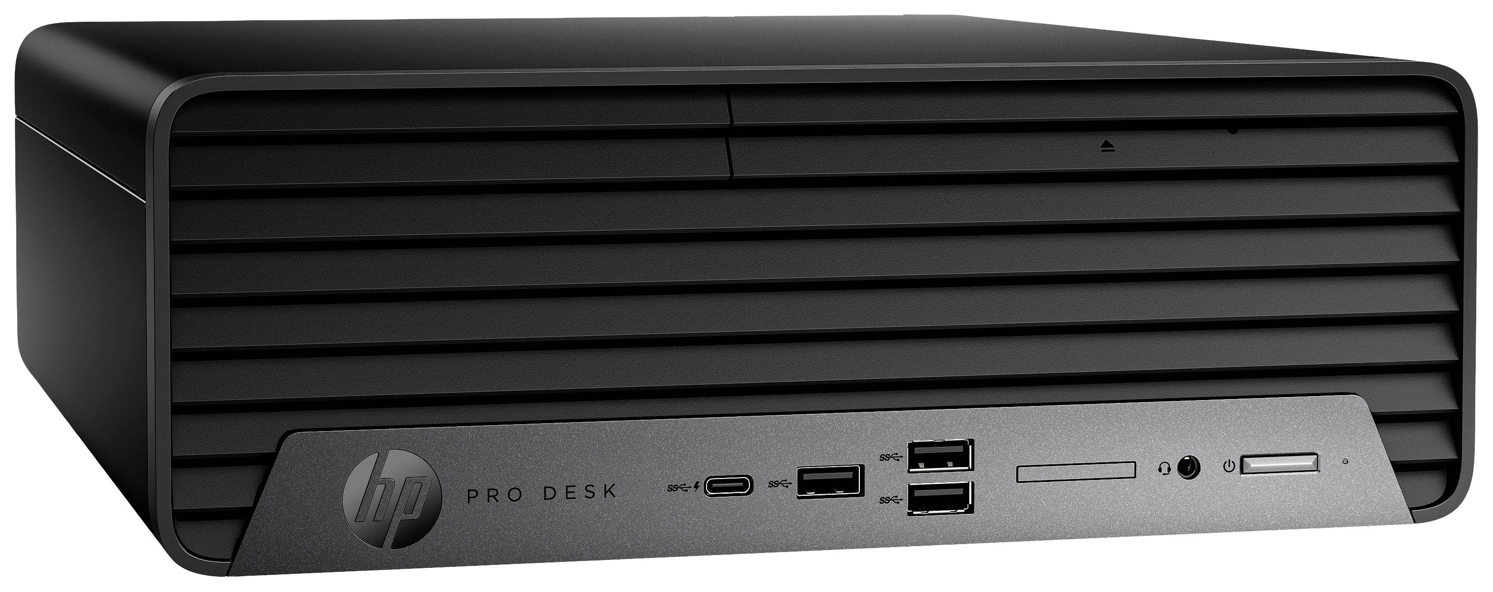 Ein schwarzer Desktop-Computer der Marke HP, Modell ProDesk, liegt horizontal. Vorderseite zeigt mehrere USB-Anschlüsse und Audioeingaenge.