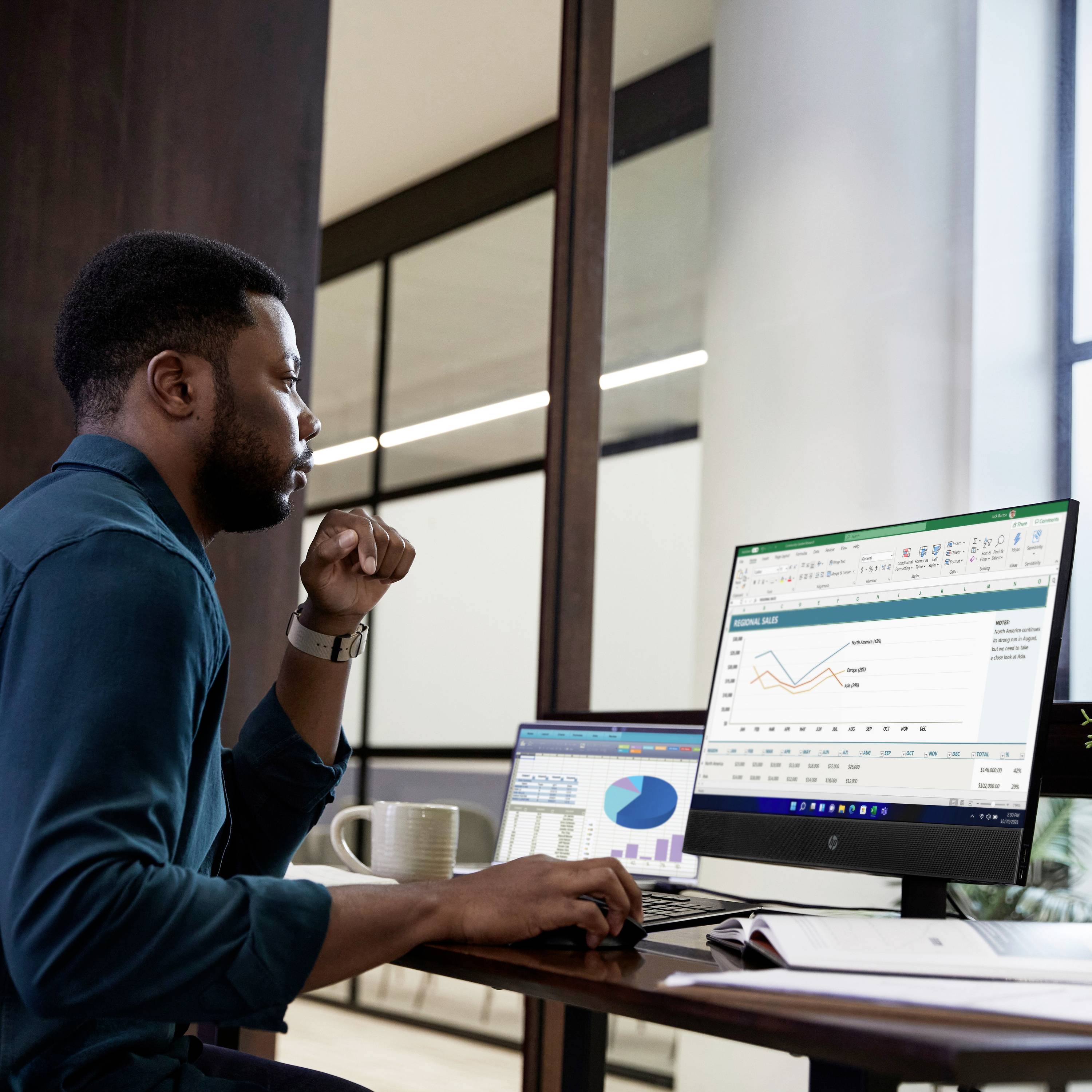 Ein Mann sitzt an einem Schreibtisch und analysiert auf zwei Bildschirmen Daten mit Diagrammen. Er hält eine Kaffeetasse in der Hand.