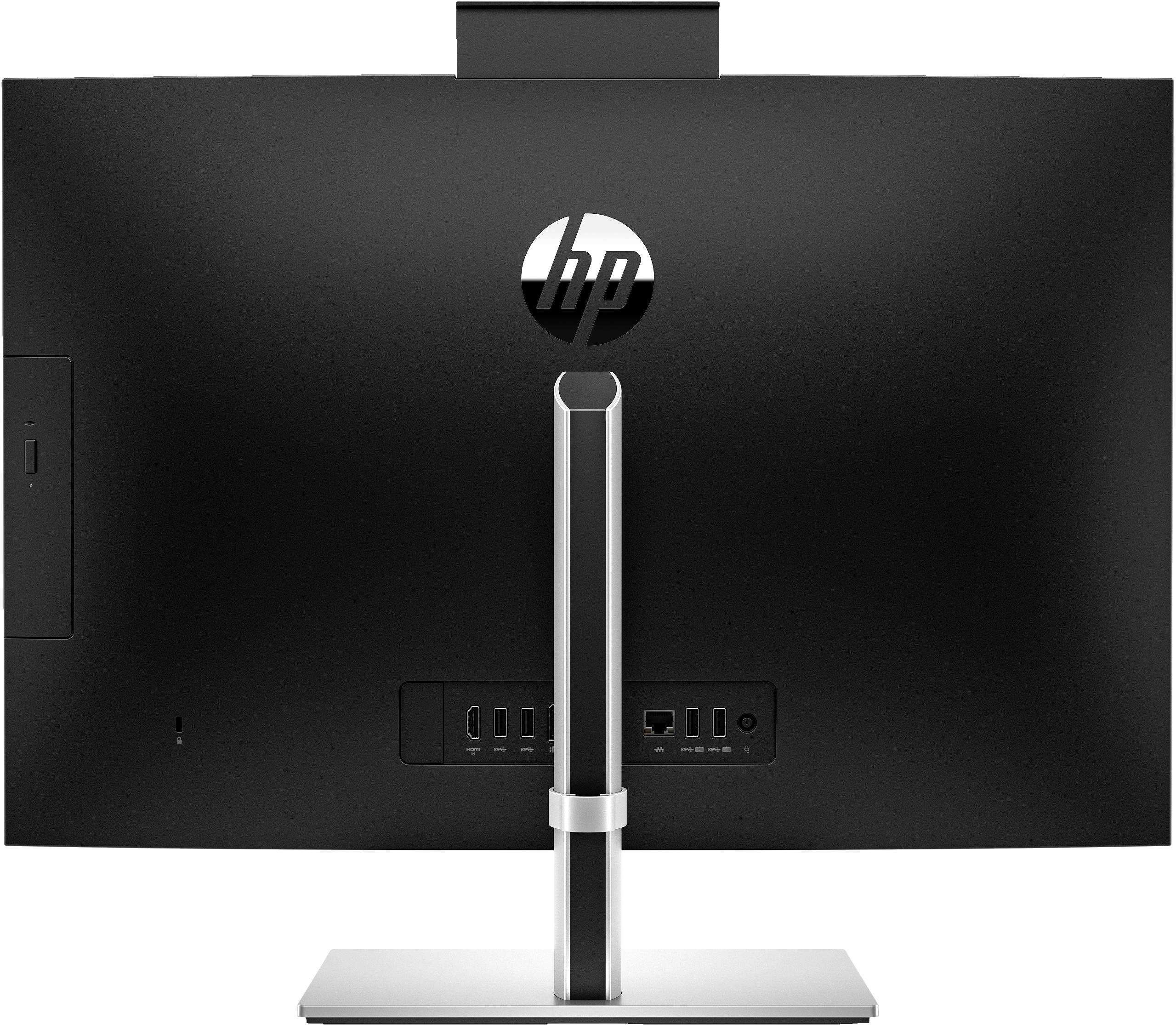 Die Rückseite eines schwarzen Computermonitors mit einem silbernen Standfuß. Oben ist das 'HP'-Logo sichtbar. Anschlüsse sind unten platziert.