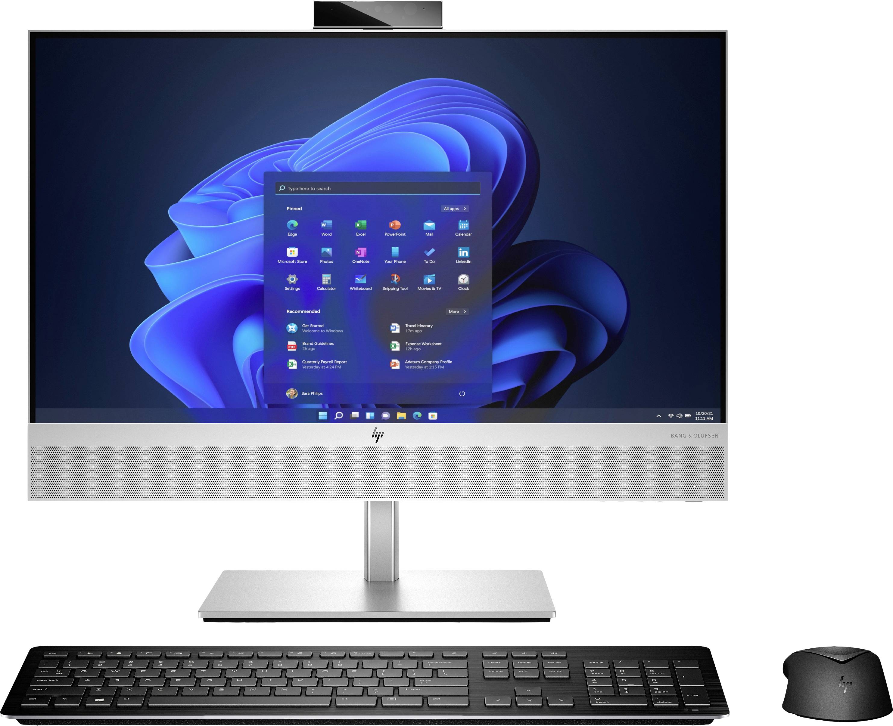 Ein All-in-One-Computersystem mit Bildschirm, auf dem Windows-Betriebssystem angezeigt wird. Daneben befinden sich eine Tastatur und eine Maus.