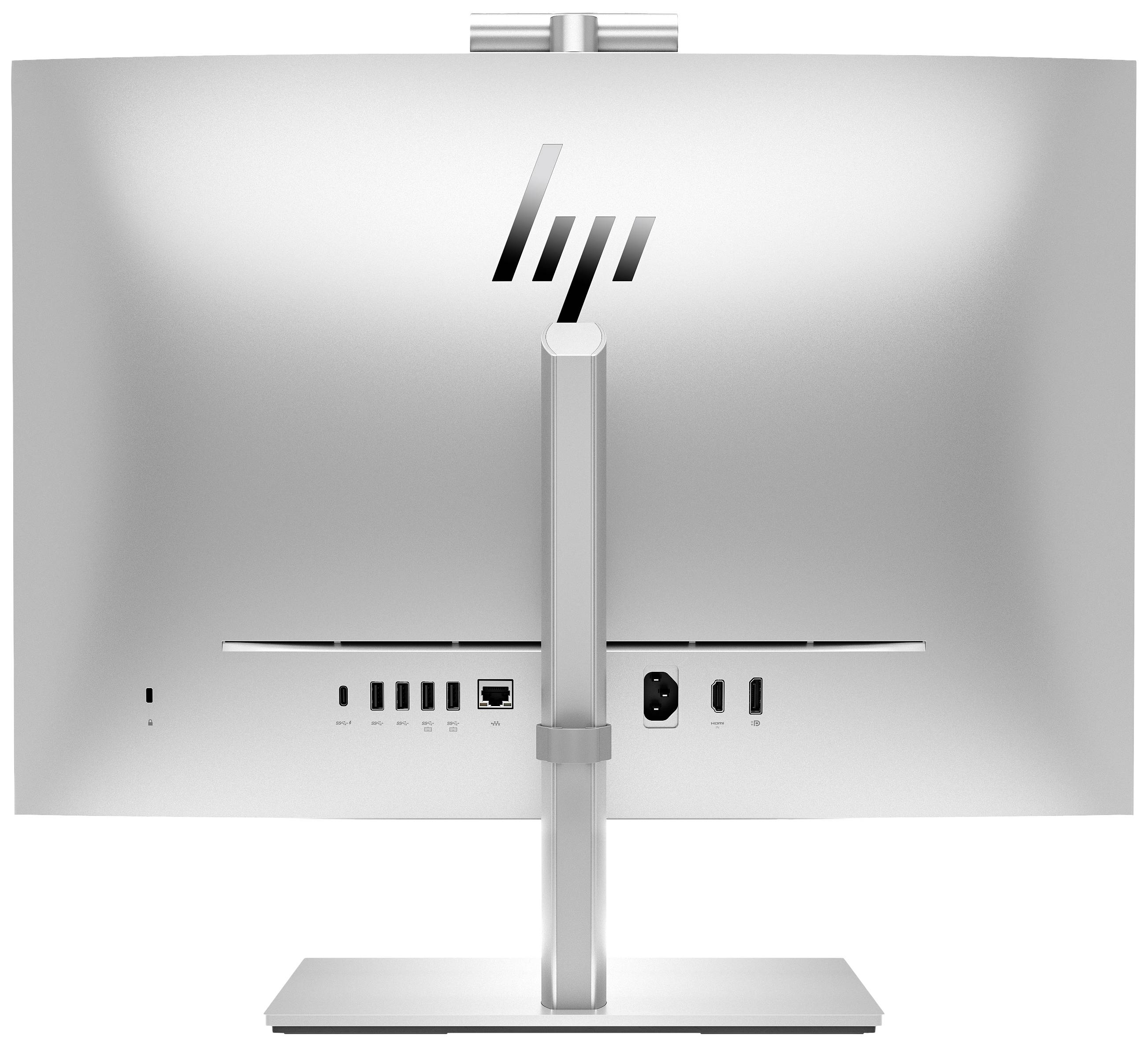 Ein Monitorrücken in Metalloptik mit mehreren Anschlüssen, einschließlich HDMI, USB und Ethernet, und einem verstellbaren Ständer.