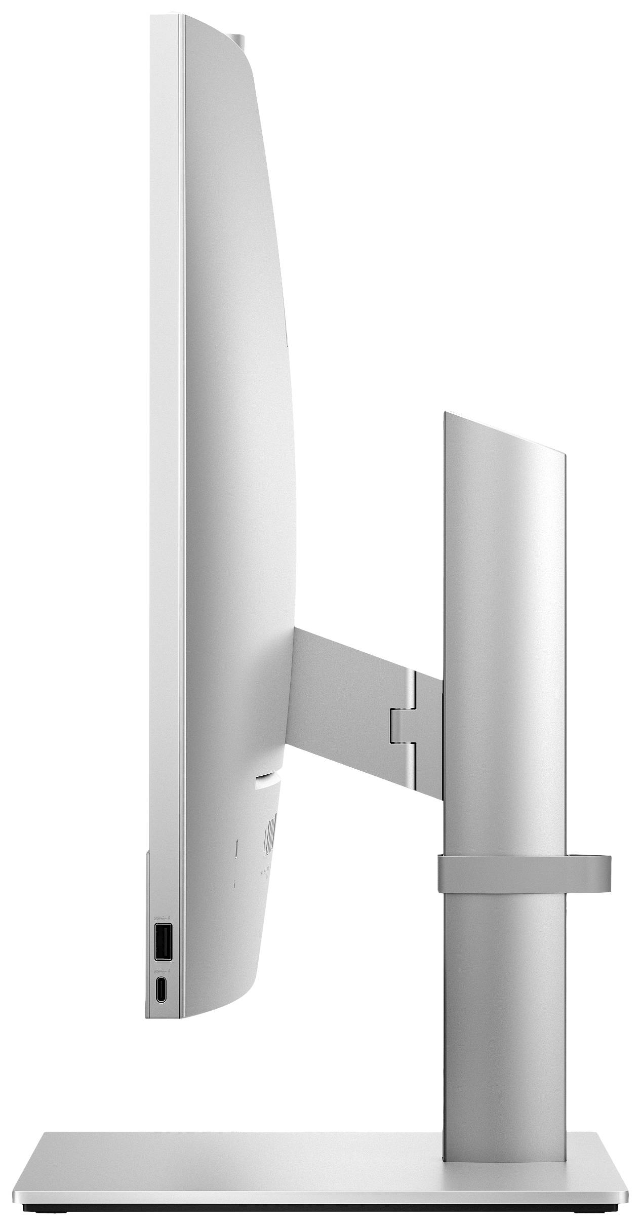 Seitliche Ansicht eines modernen Computer-Monitors mit schlankem silbernem Rahmen und ergonomisch verstellbarem Standfuß.