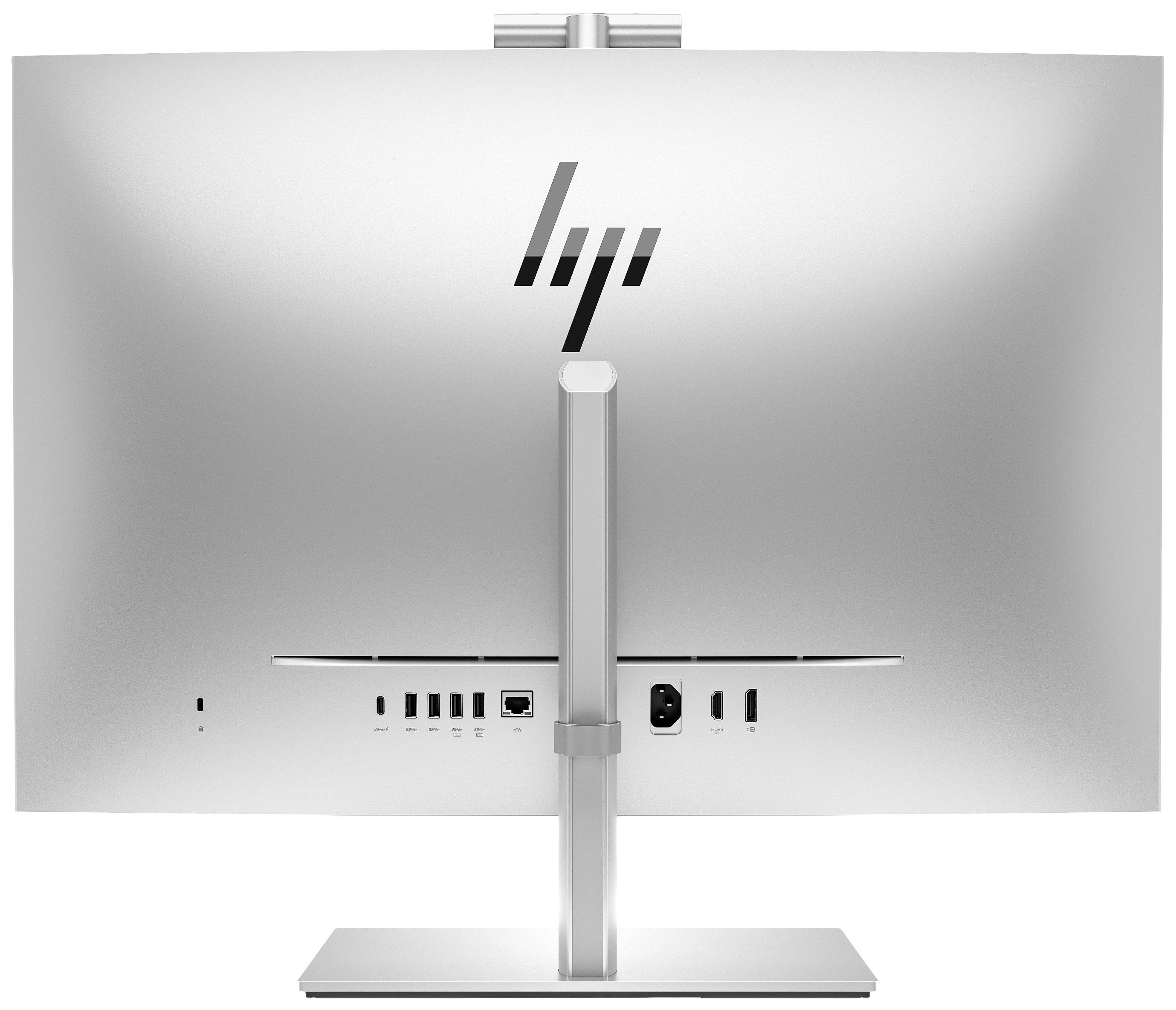 Ein silberner Computermonitor von hinten, zeigt verschiedene Anschlüsse wie USB, HDMI und Ethernet, mit einem schlichten Design.