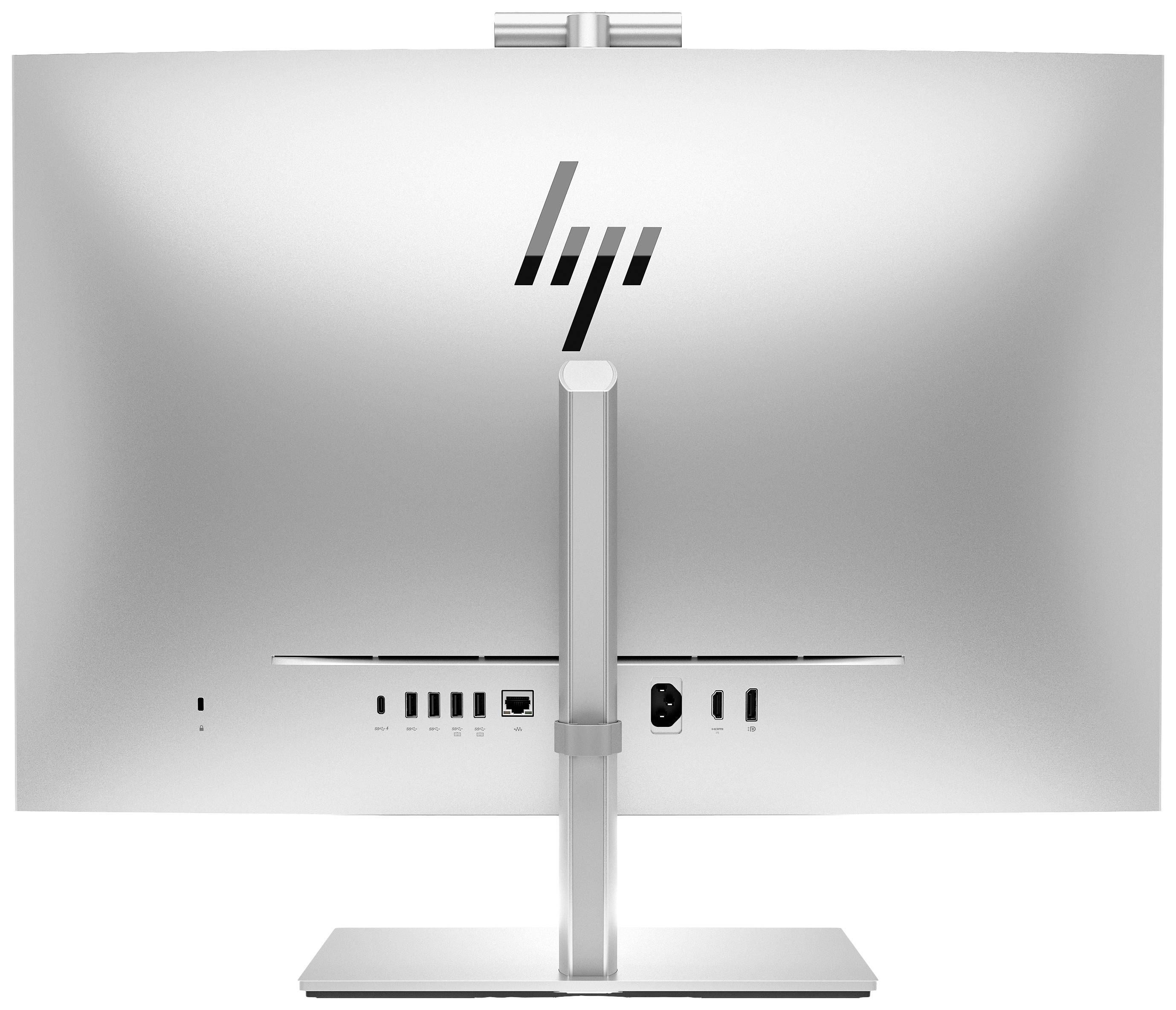 Ein silberner Monitor von hinten mit verschiedenen Anschlussmöglichkeiten, wie HDMI, USB und Ethernet, ist sichtbar.