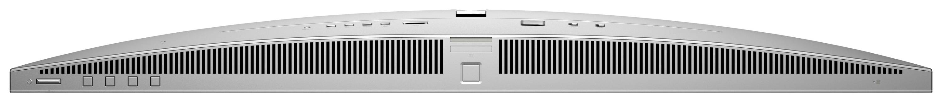 Rückansicht eines gebogenen Computerbildschirms, Lüftungsschlitze und Anschlüsse an der Unterseite sichtbar.