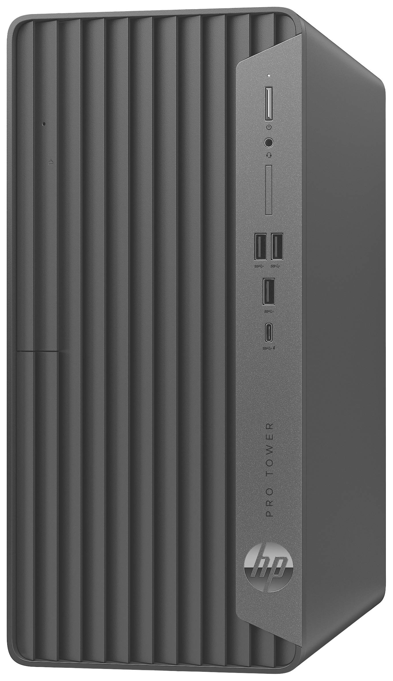 Grauer Desktop-Computer-Tower mit vertikalen Lüftungsschlitzen und mehreren USB-Anschlüssen an der Vorderseite.