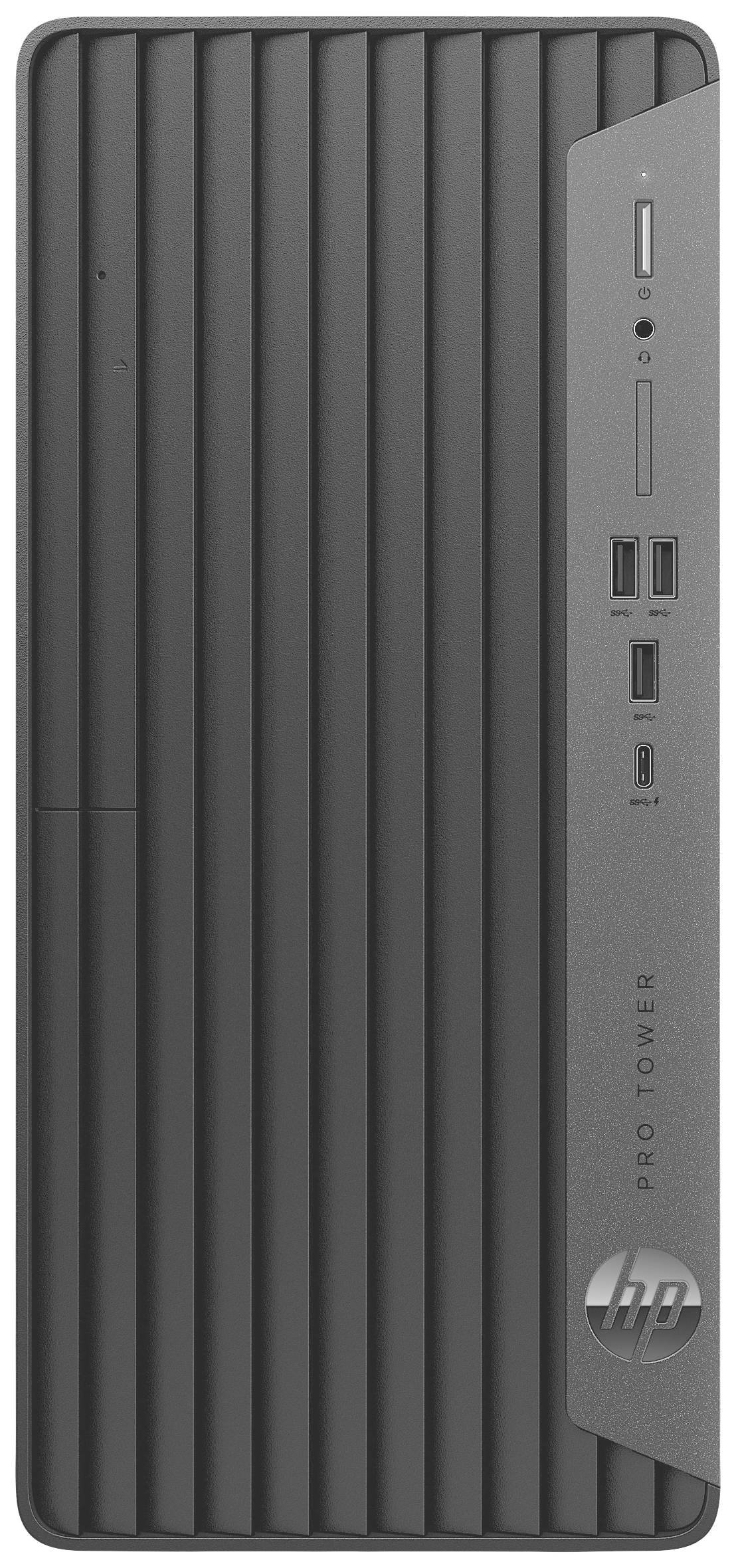 Ein schwarzer Computer-Tower mit vertikalen Linien, mehreren USB-Anschlüssen und einem HP-Logo unten rechts.