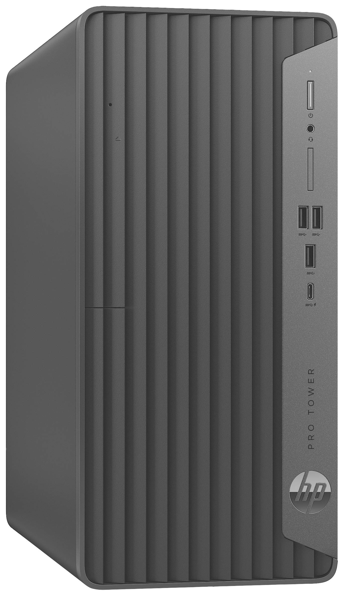 Ein grauer Desktop-Computer mit vertikalen Rillen auf der Vorderseite. An der Seite befinden sich mehrere Anschlüsse und der Schriftzug 'Pro Tower'.