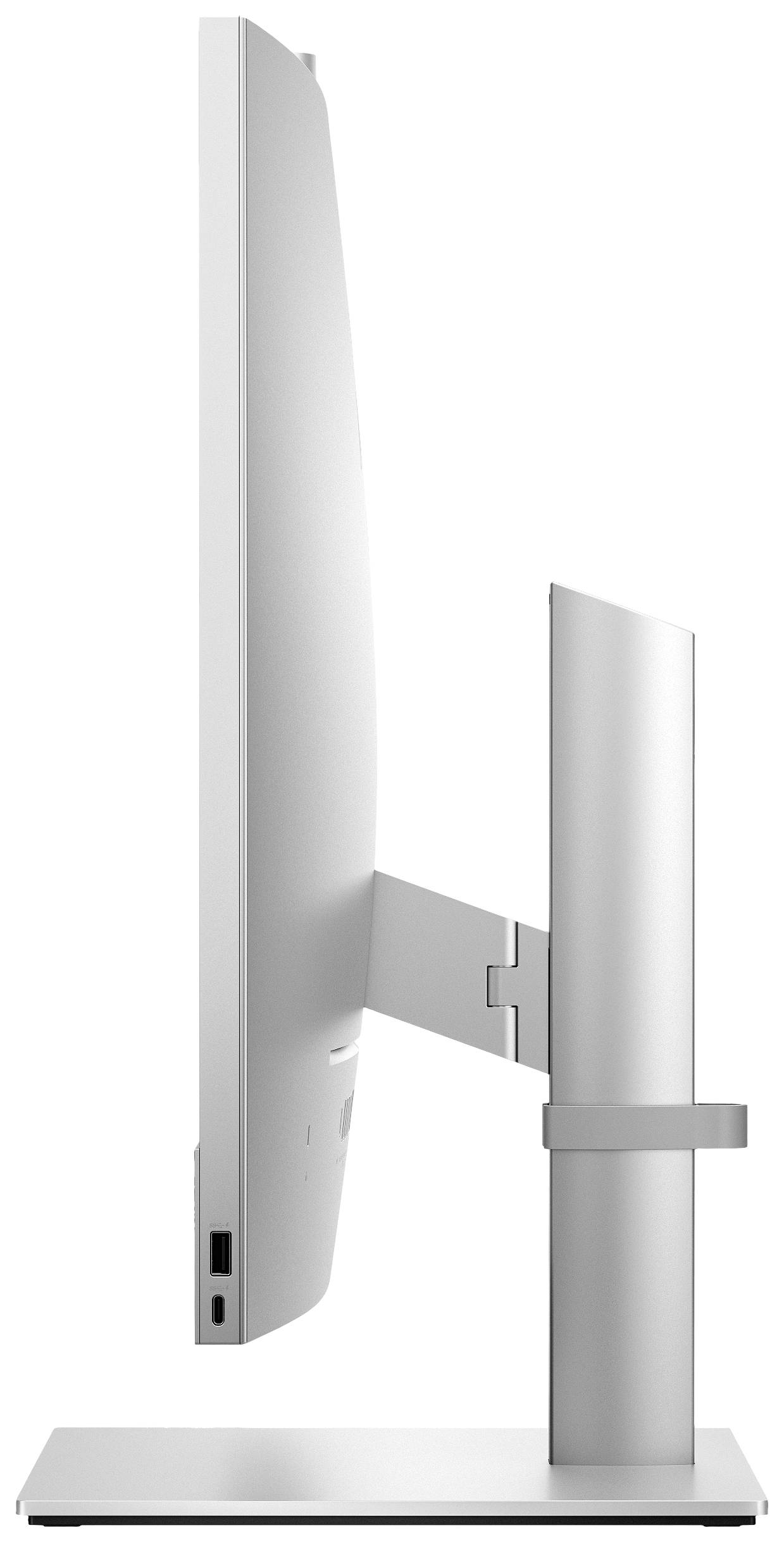 Seitenansicht eines ultradünnen Monitors auf einem modernen, verstellbaren Standfuß, Silberfarbe, mit Anschlussports an der linken Seite.