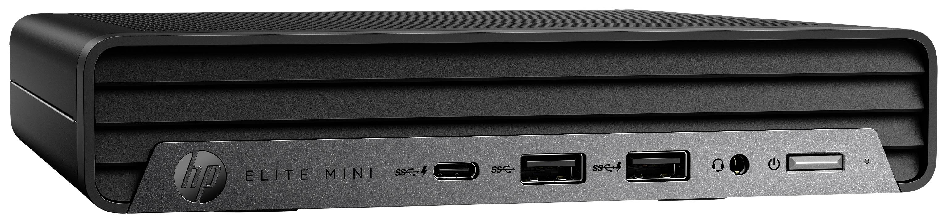 'HP Elite Mini'-Computer, kompakter schwarzer Desktop mit mehreren Anschlüssen an der Vorderseite, geeignet für Büroanwendungen.