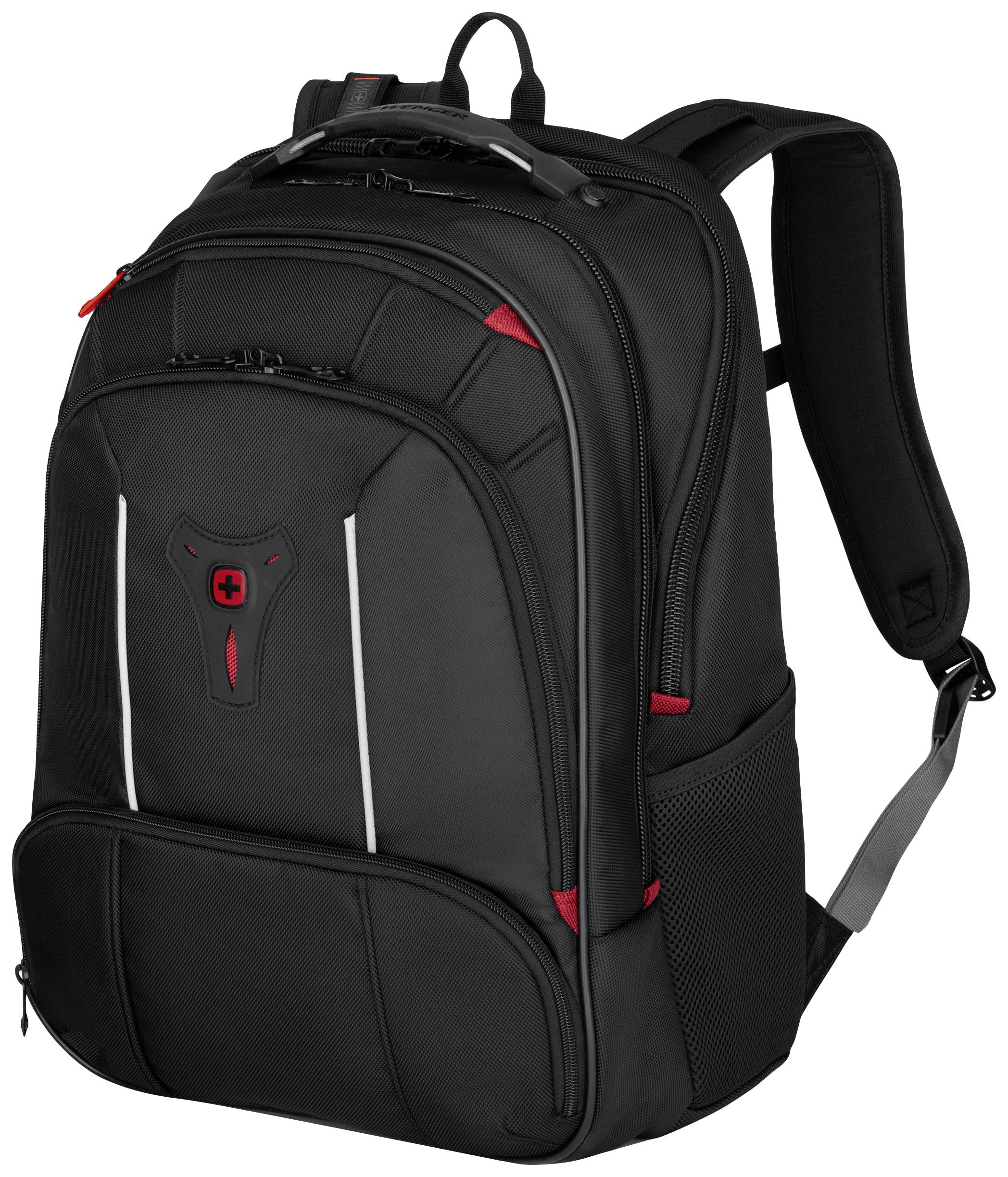 Schwarzer Rucksack mit roten Akzenten und mehreren Reißverschlusstaschen, geeignet für Schul- oder Arbeitsgebrauch.