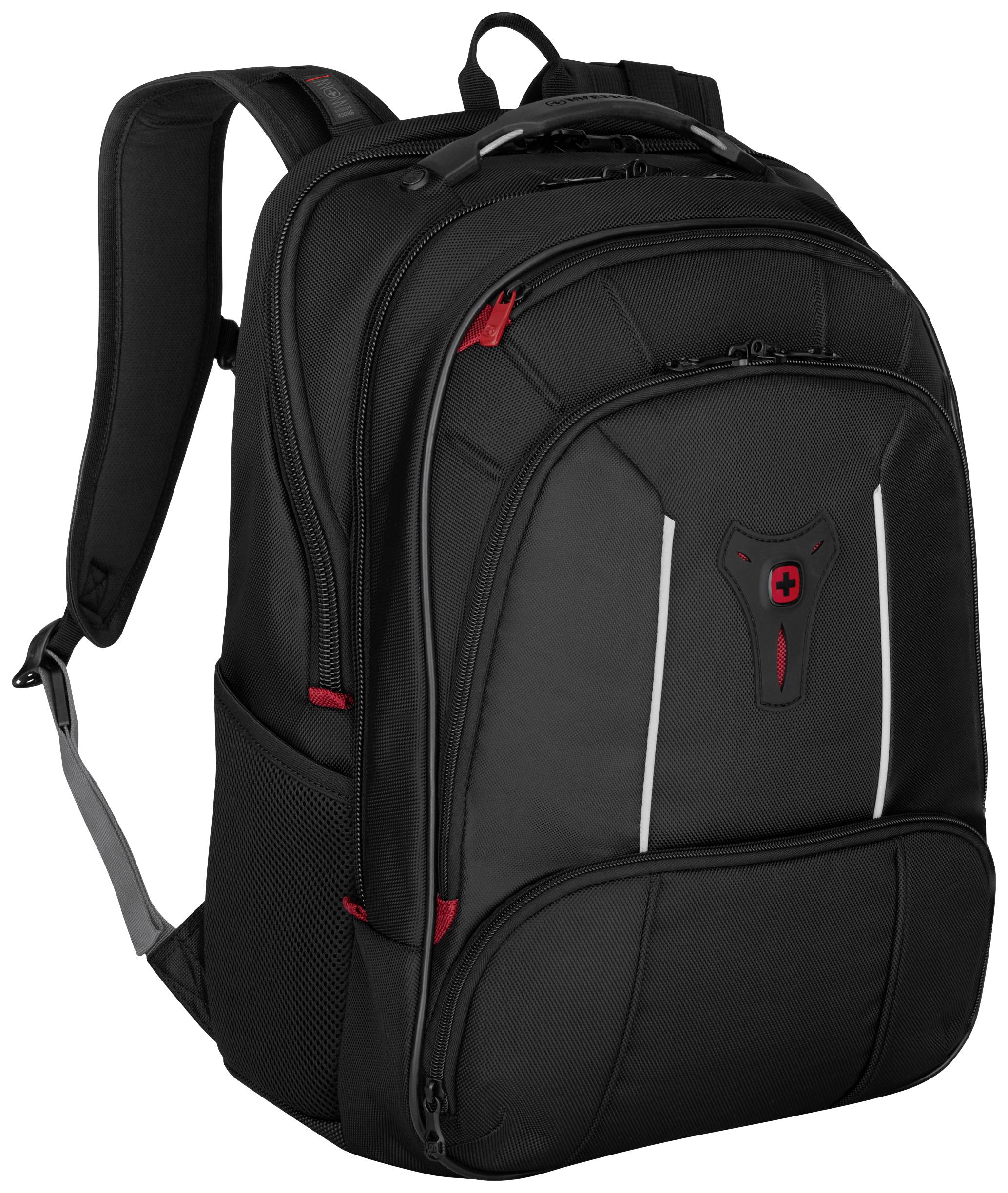 Schwarzer Rucksack mit roten Akzenten, vorne mehrere Taschen und gepolsterte Schultergurte. Ideal für Schule oder Geschäftsreisen.