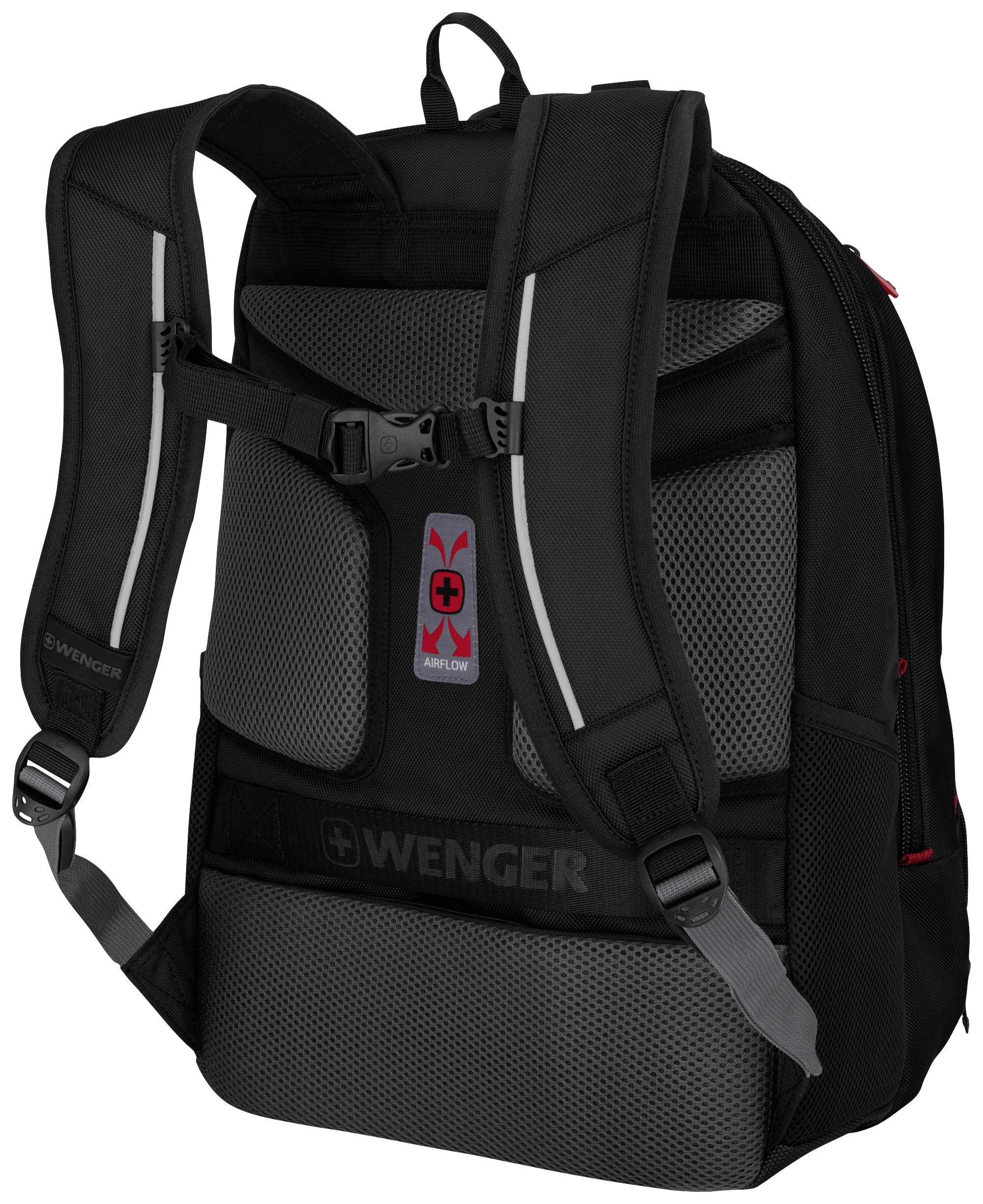 Schwarzer Rucksack mit Markenlogo auf der Rückenpolsterung. Verstellbare Schultergurte und Netzpolsterung für Komfort.