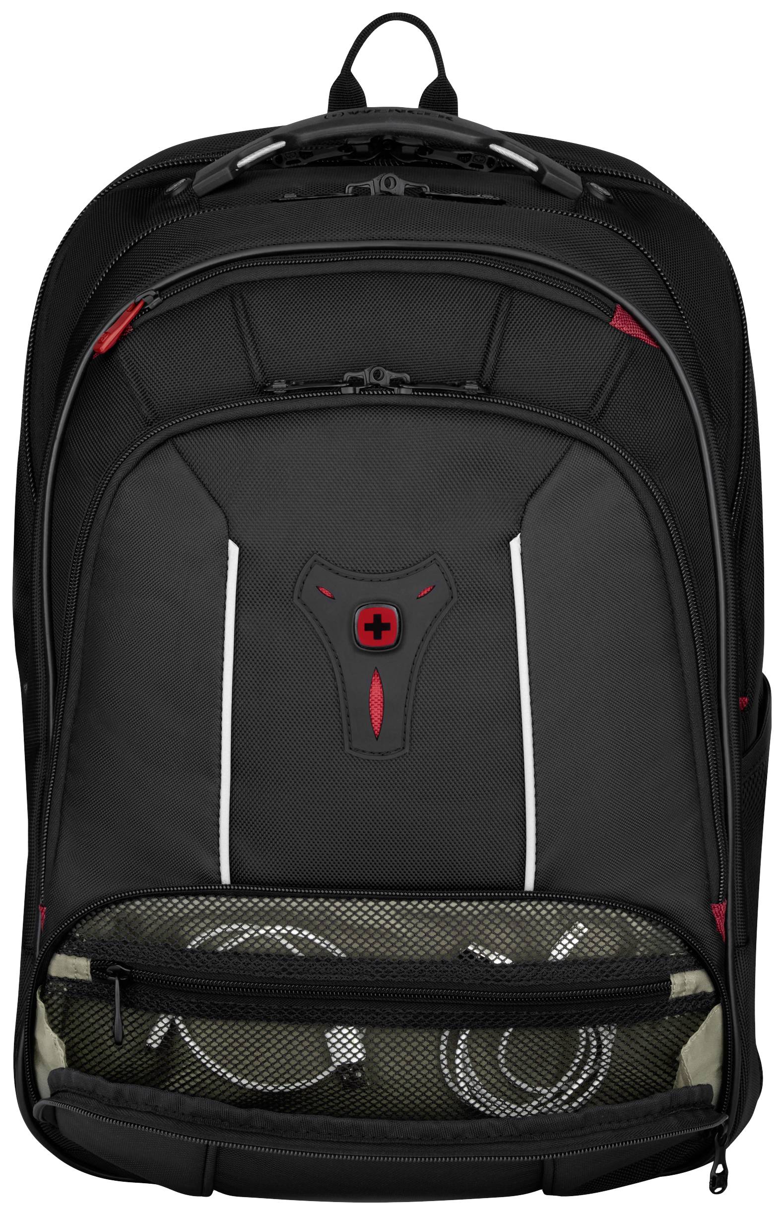 Schwarzer Rucksack mit mehreren Fächern und rotem Markenzeichen auf der Vorderseite. Geeignet für Laptops und Reisen.