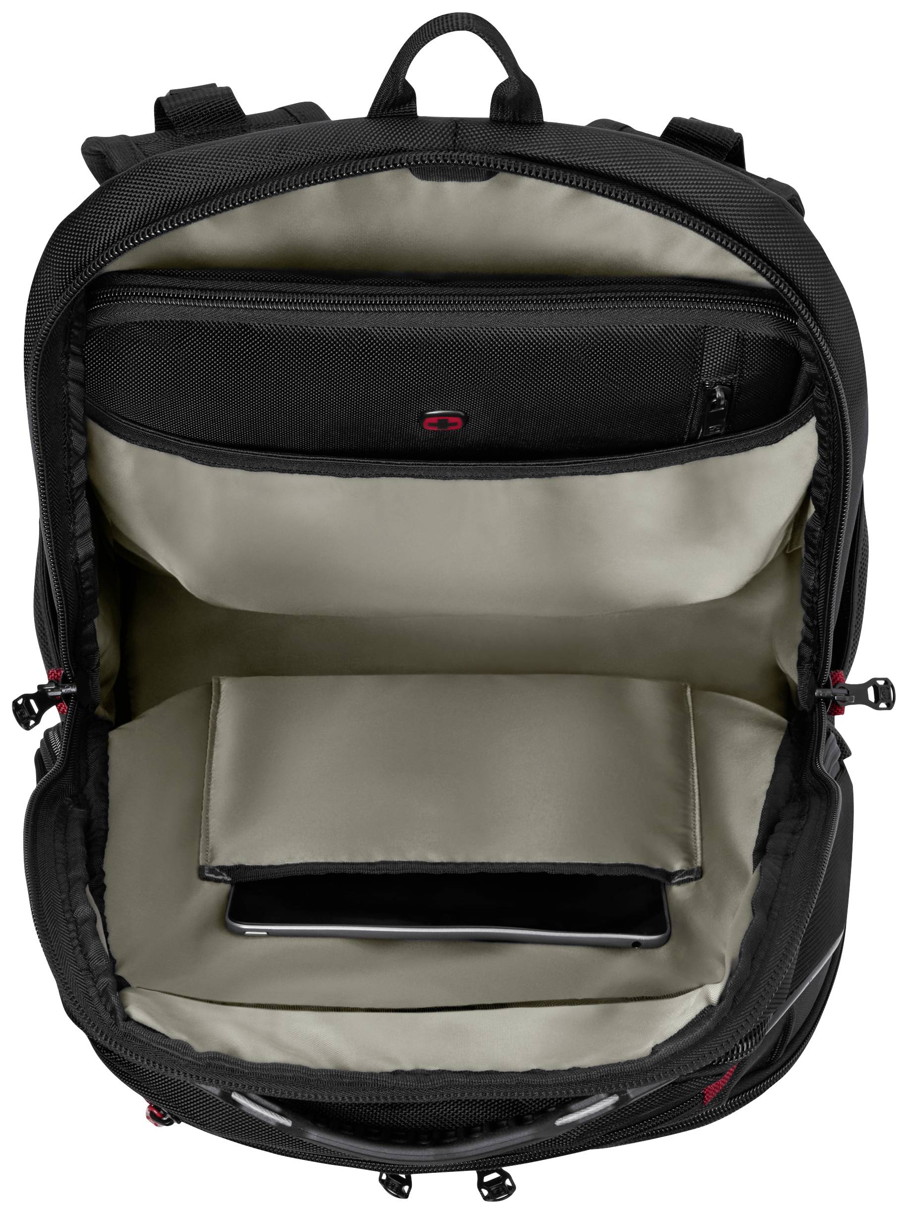 Geöffneter schwarzer Rucksack zeigt ein Laptopfach, ein Tabletfach und mehrere Organisationsfächer innen.