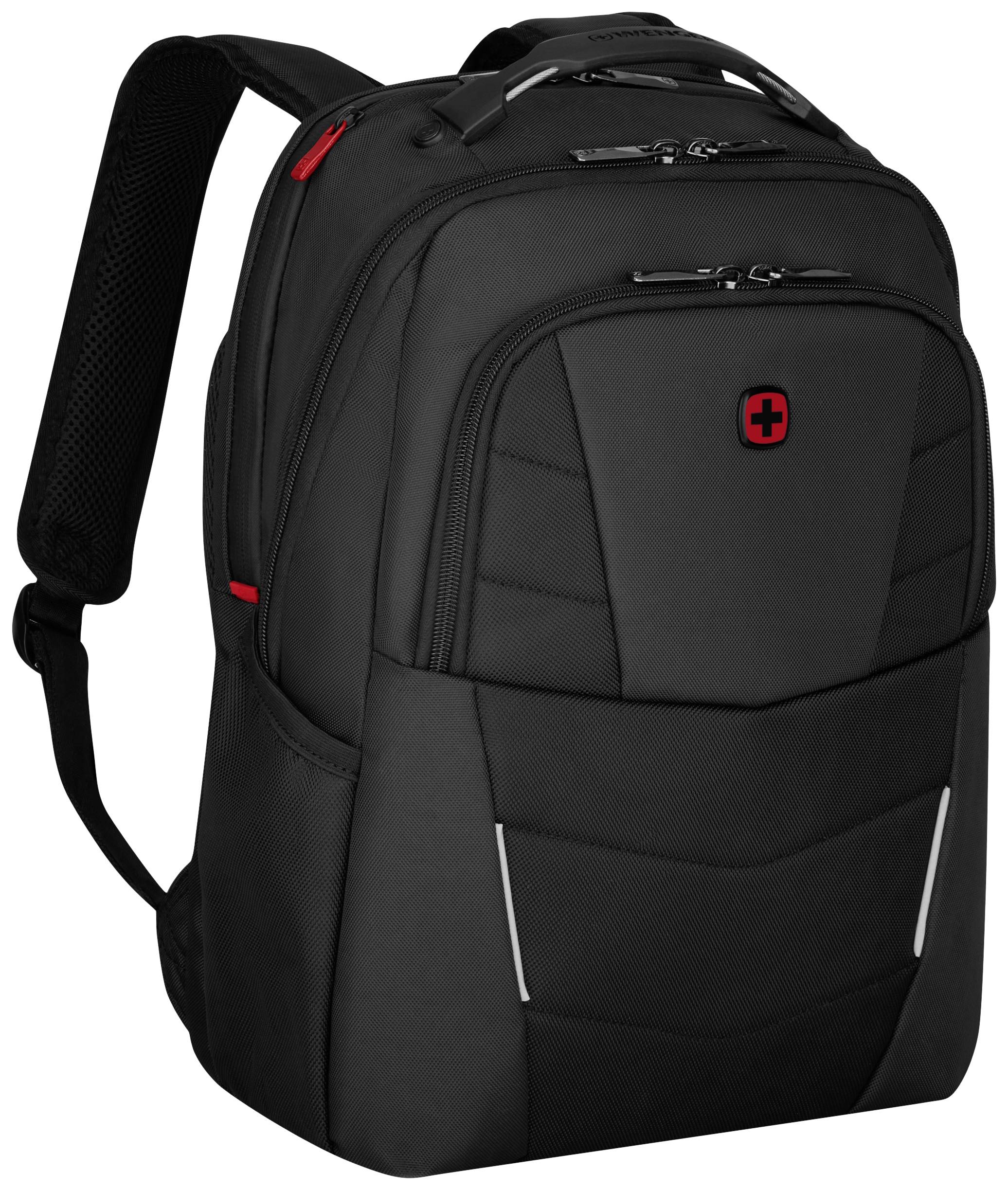 Schwarzer Laptop-Rucksack mit mehreren Fächern, Markenlogo in der Mitte. Geeignet für Reisen oder Schule.