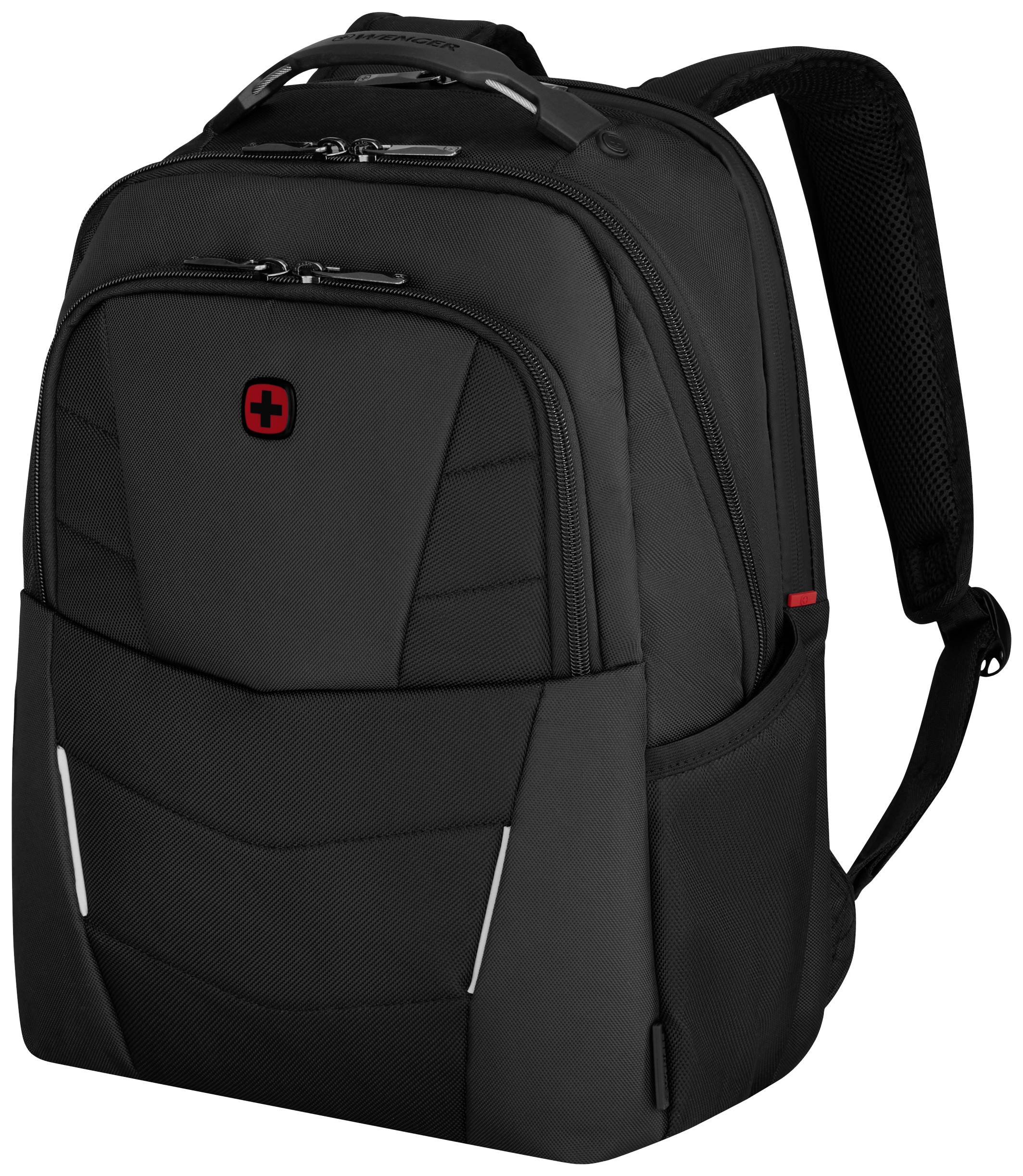 Ein schwarzer Rucksack mit mehreren Reißverschlussfächern. Er hat ein rotes Kreuzlogo in einer roten Umrandung auf der Front.