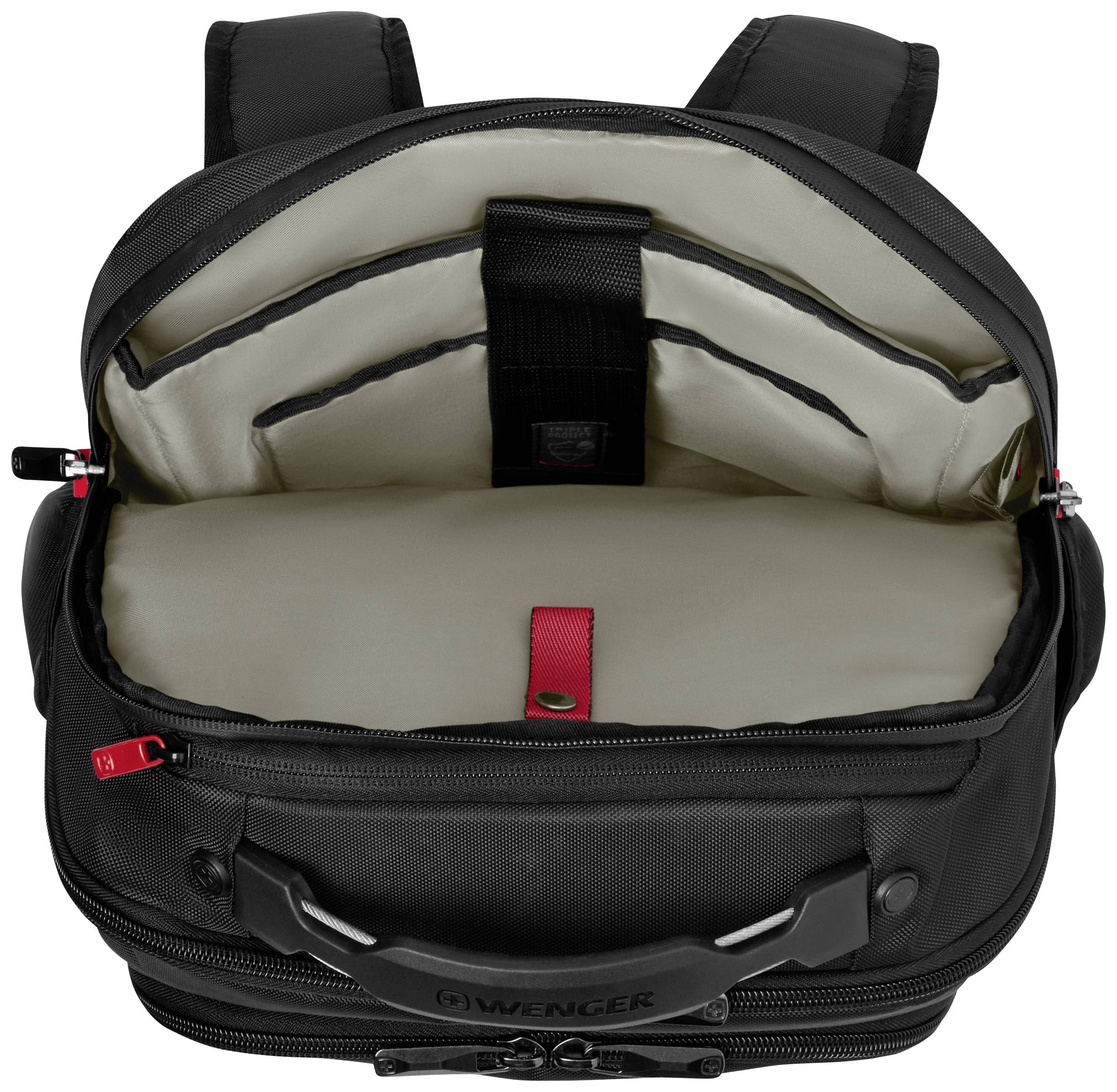 Ein schwarzer Rucksack mit geöffnetem Hauptfach, das gepolsterte Innenfächer zeigt, geeignet für Laptop-Transport und -Schutz.