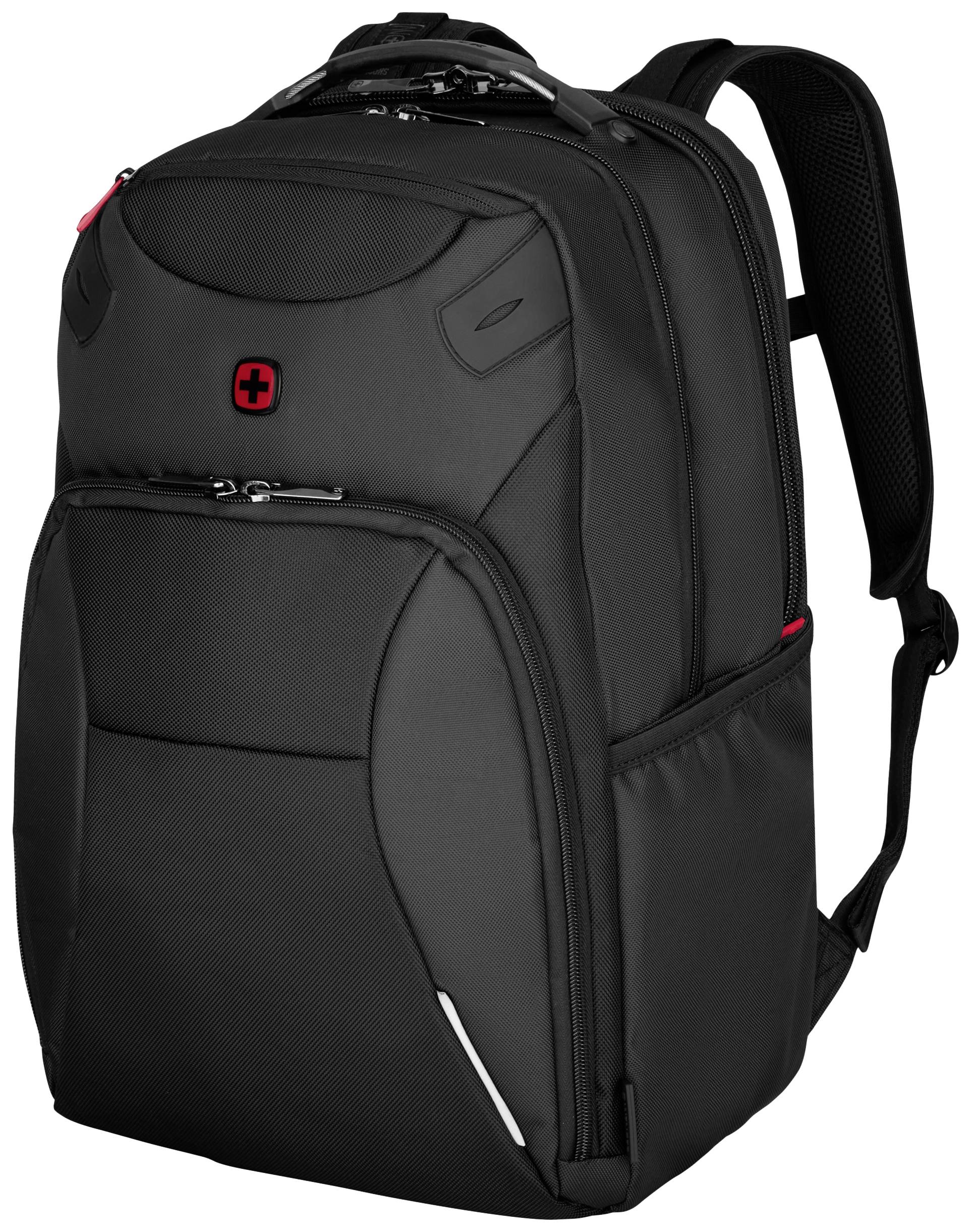 Schwarzer Rucksack mit mehreren Fächern und rotem Logo auf der Vorderseite, geeignet für Reisen oder tägliche Nutzung.