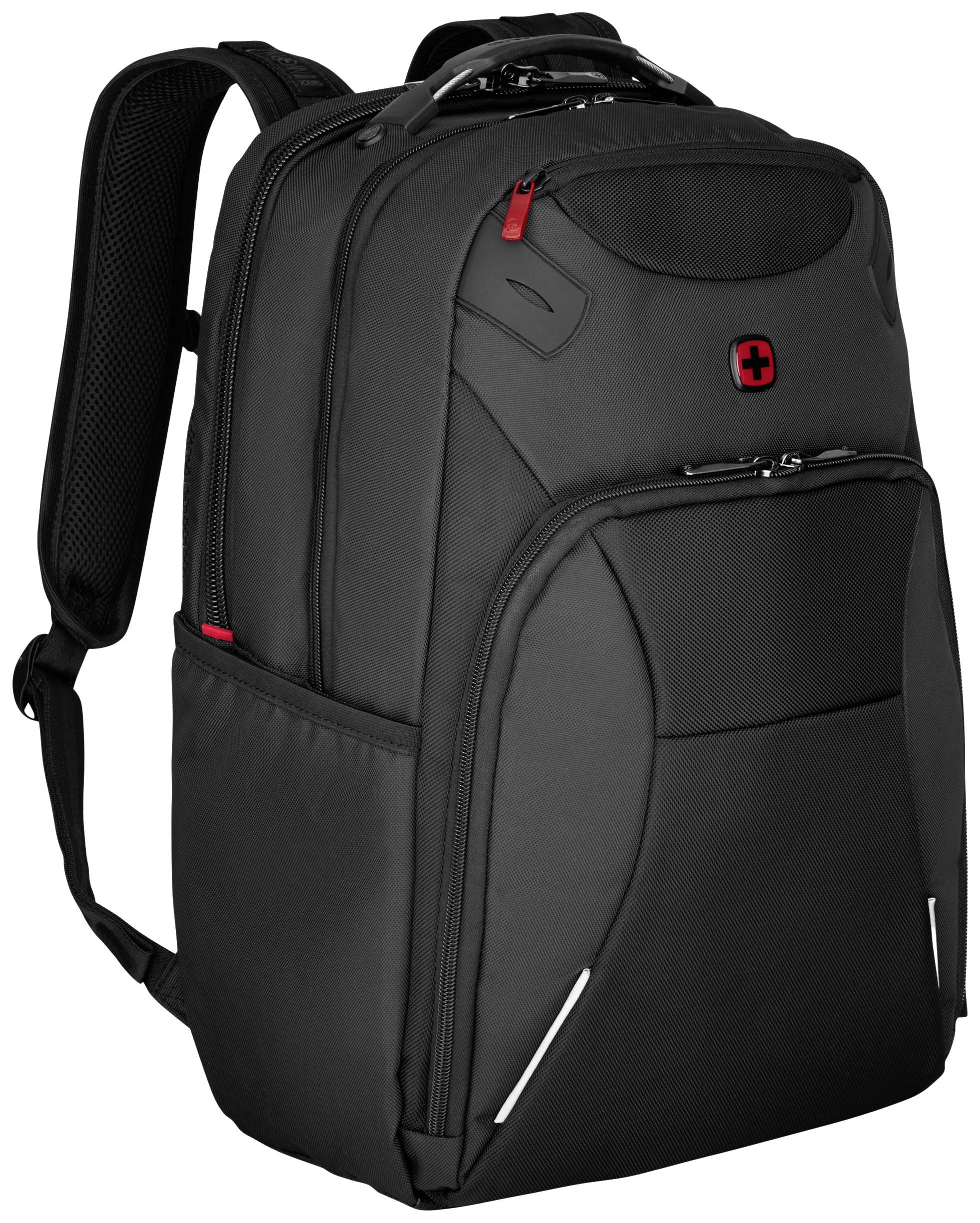 Schwarzer Laptop-Rucksack mit mehreren Fächern und einem roten Logo. Ideal für den Transport von Elektronik und Zubehör.