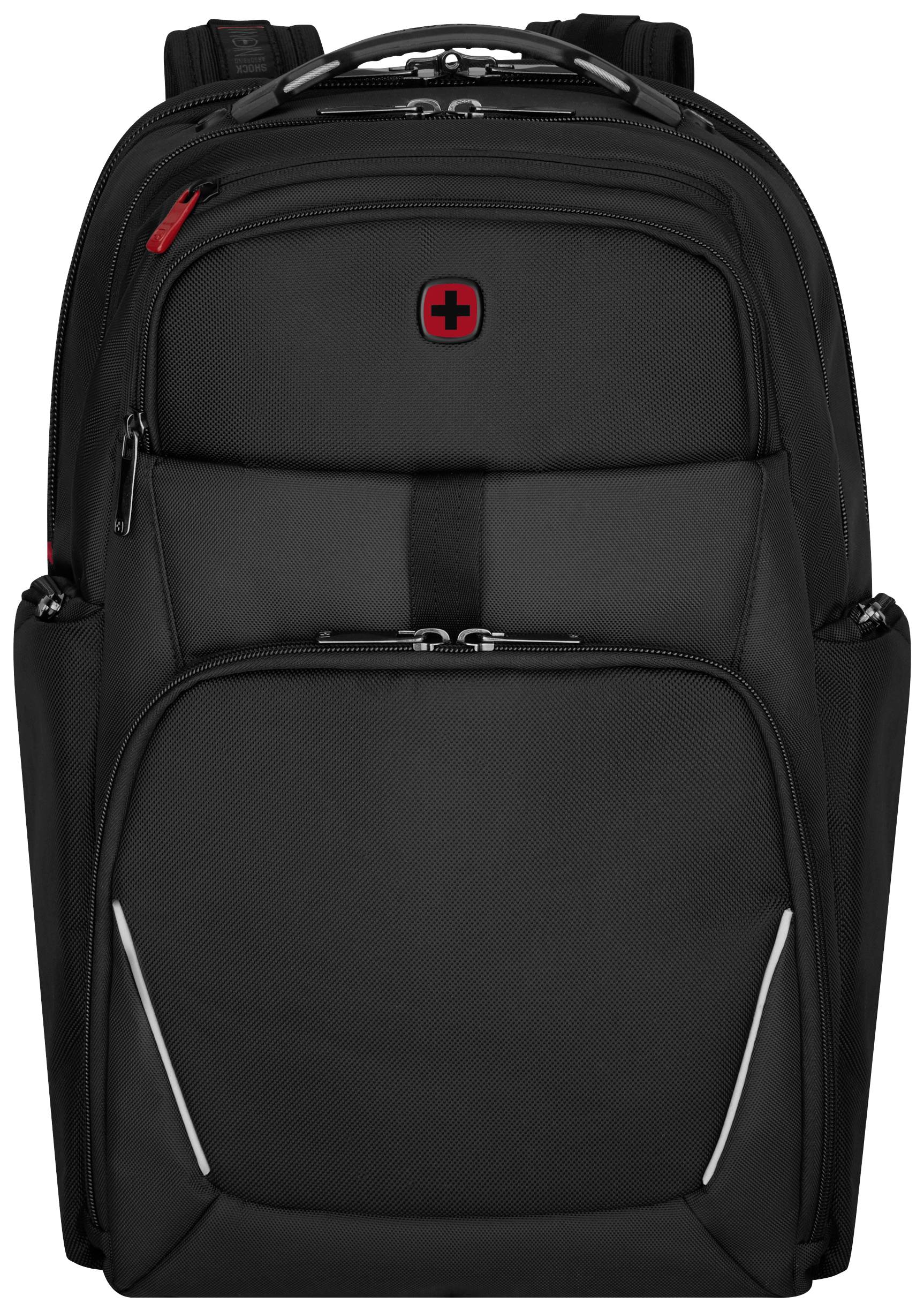 Ein schwarzer Rucksack mit einem roten Kreuz-Logo auf der Vorderseite. Der Rucksack hat mehrere Taschen und Reißverschlüsse.