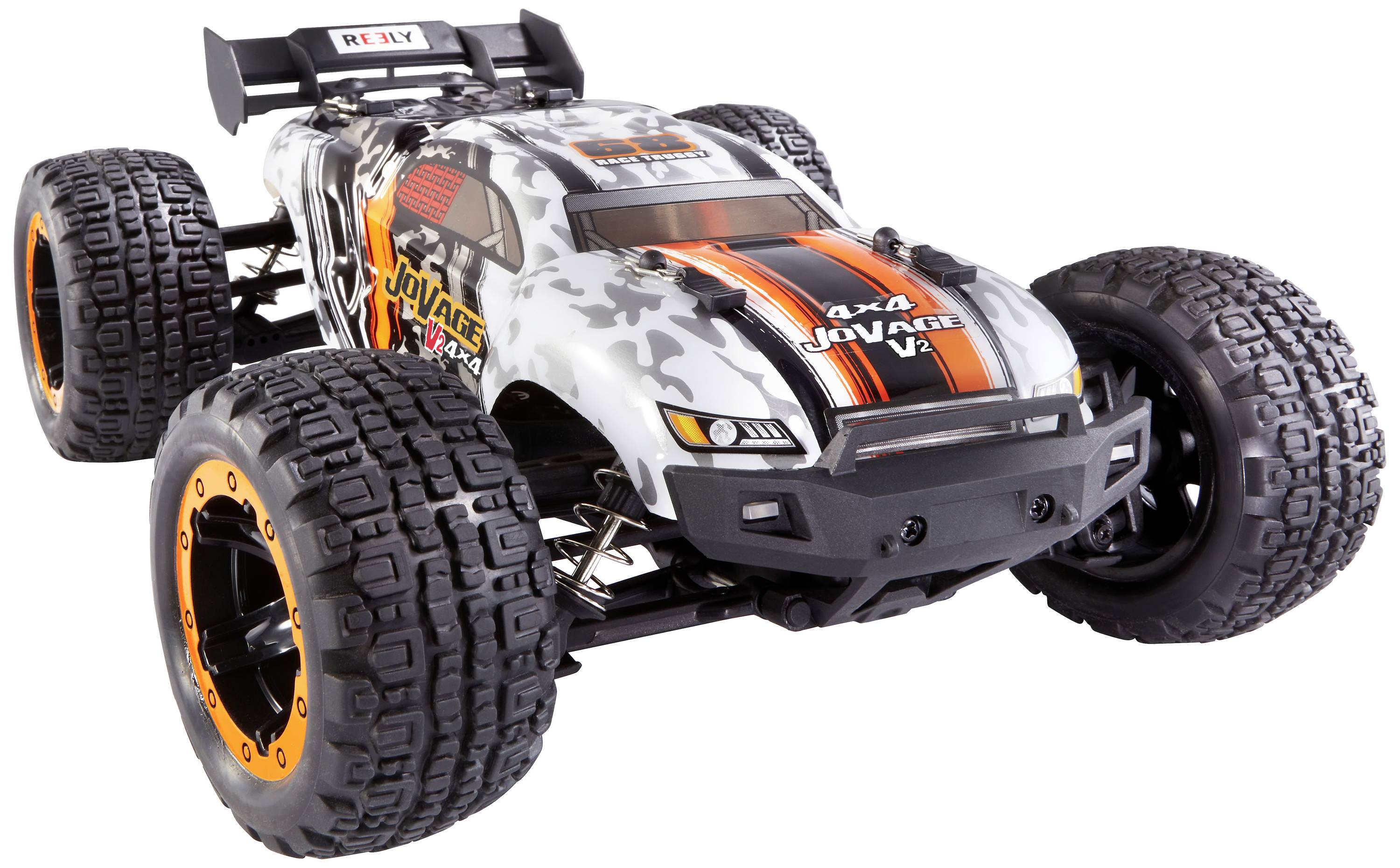 Ein robustes, orange und grau gemustertes ferngesteuertes Auto mit großen Reifen und Spoiler dient für Offroad-Rennen.