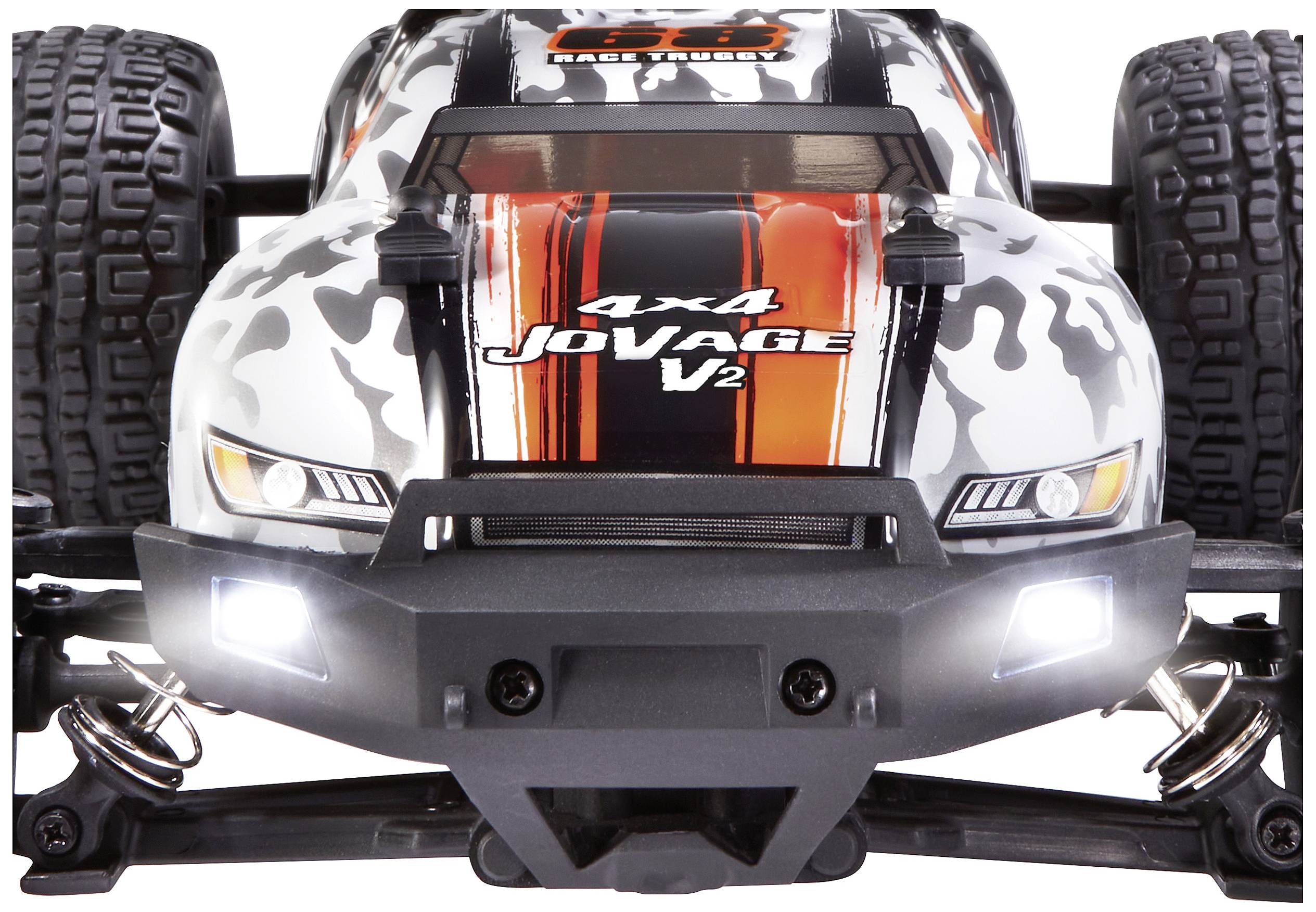 Ferngesteuertes Auto in Nahaufnahme, 4x4 JoVAGE V2 Modell, mit auffälligem schwarz-weißem und orangefarbenem Karosseriedesign.