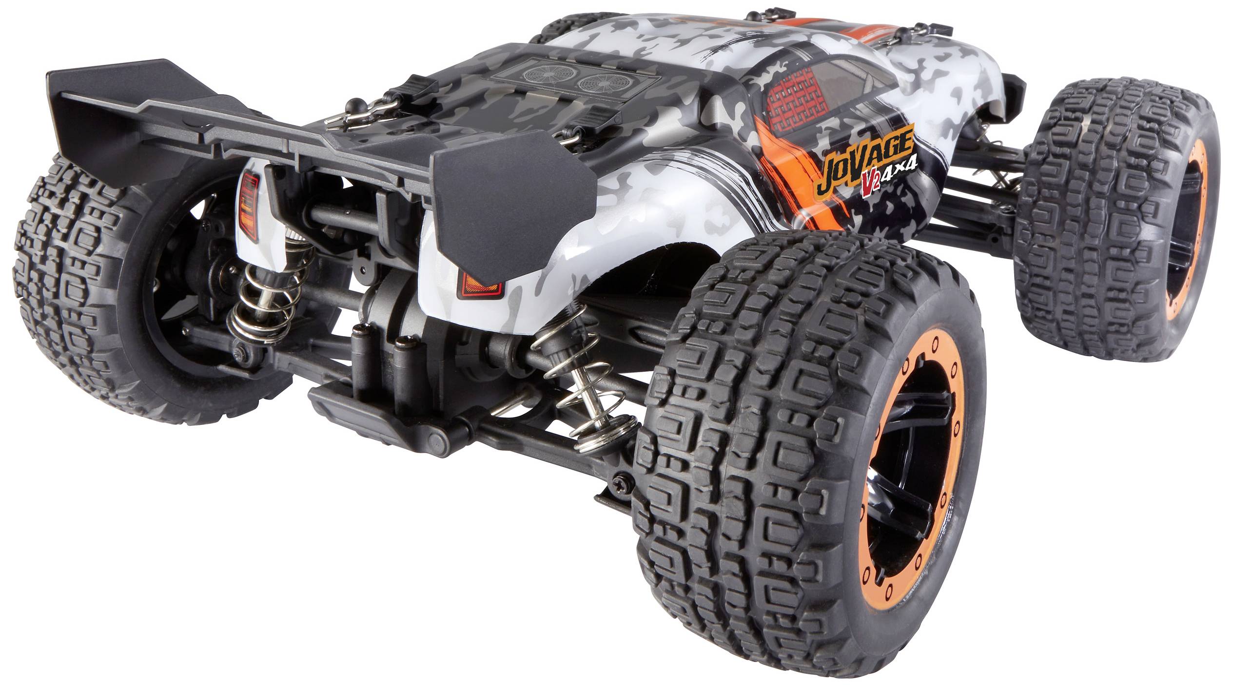 Ein ferngesteuertes Auto mit großen Rädern, robuster Federung und grauem, orangefarbenem Design auf einem hellen Hintergrund.