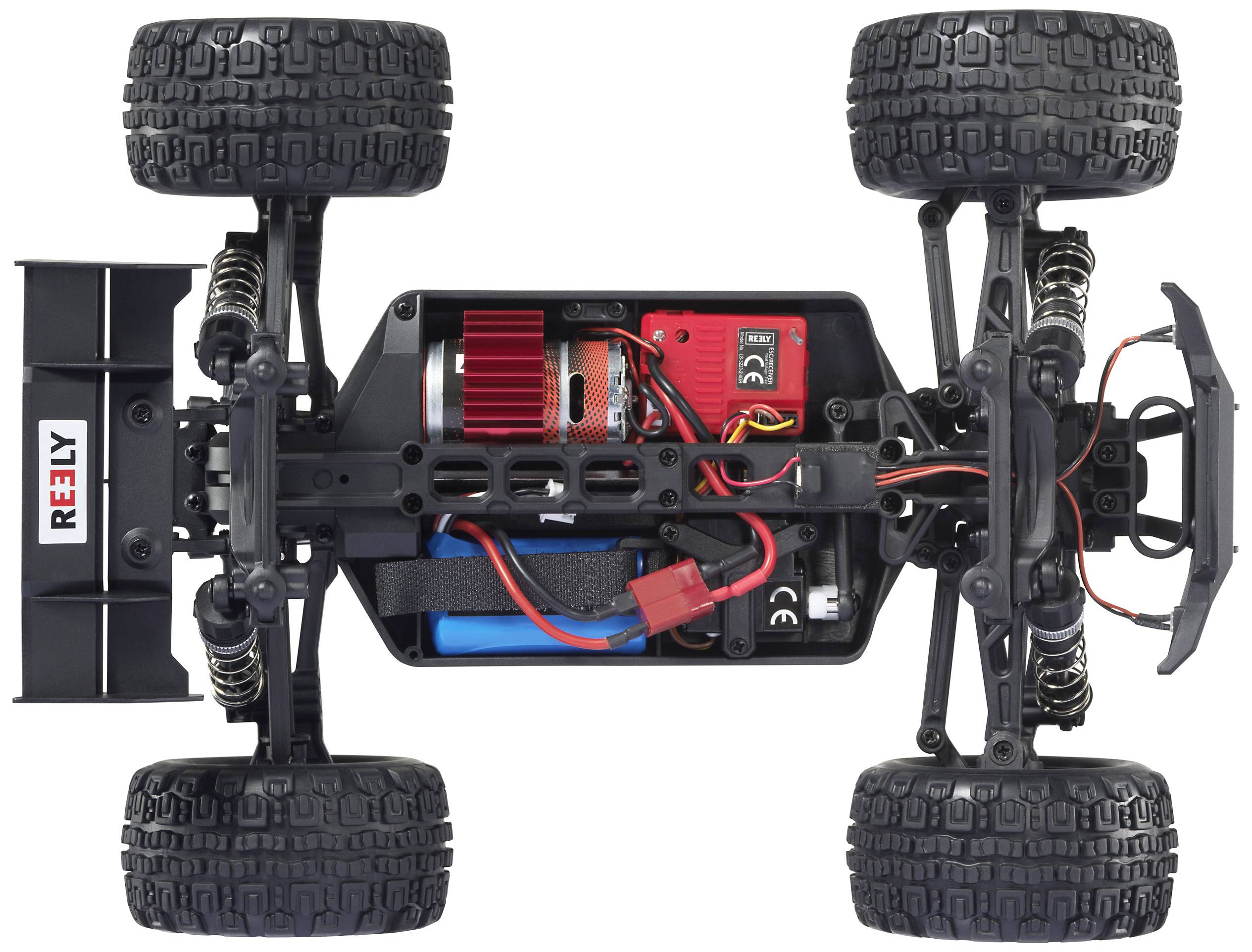 Ferngesteuertes Auto von oben, zeigt das interne Layout mit sichtbaren Komponenten wie Motor, Akku und Verkabelung.