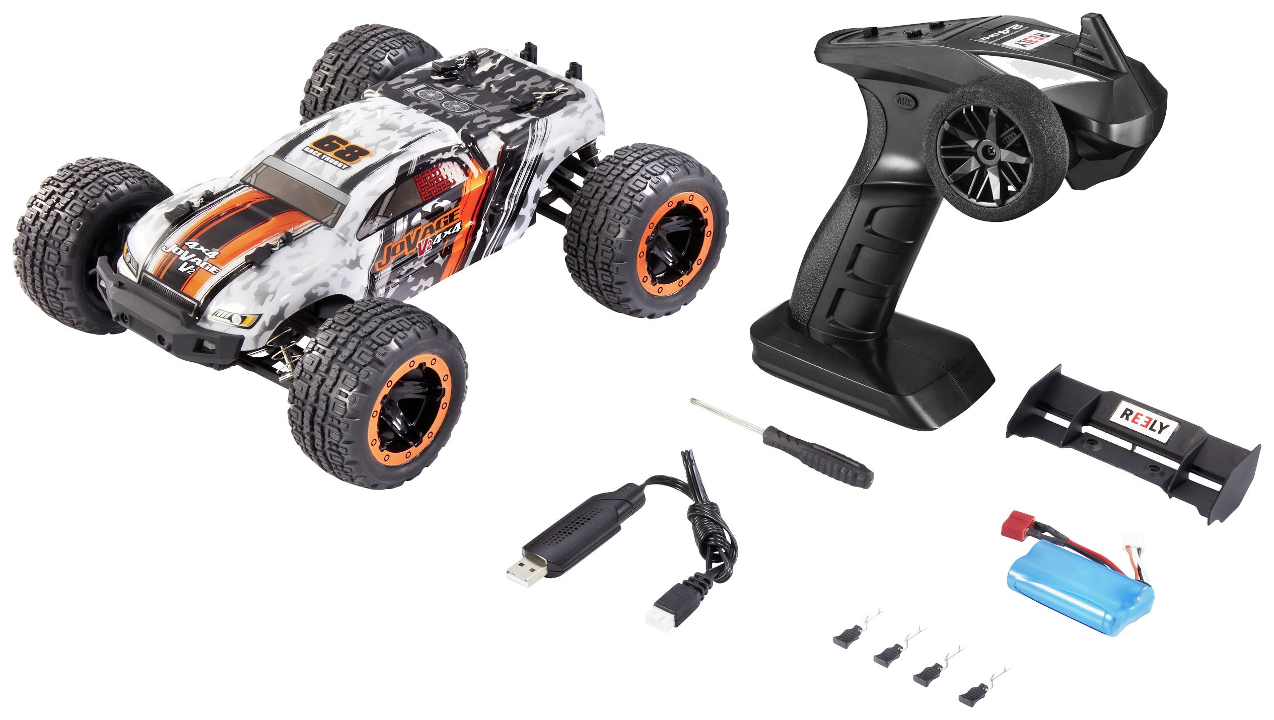 Ferngesteuertes Auto mit Controller, Ladegerät, Akku, Schraubenzieher und Ersatzteilen. Robustes Design mit großen, texturierten Reifen.