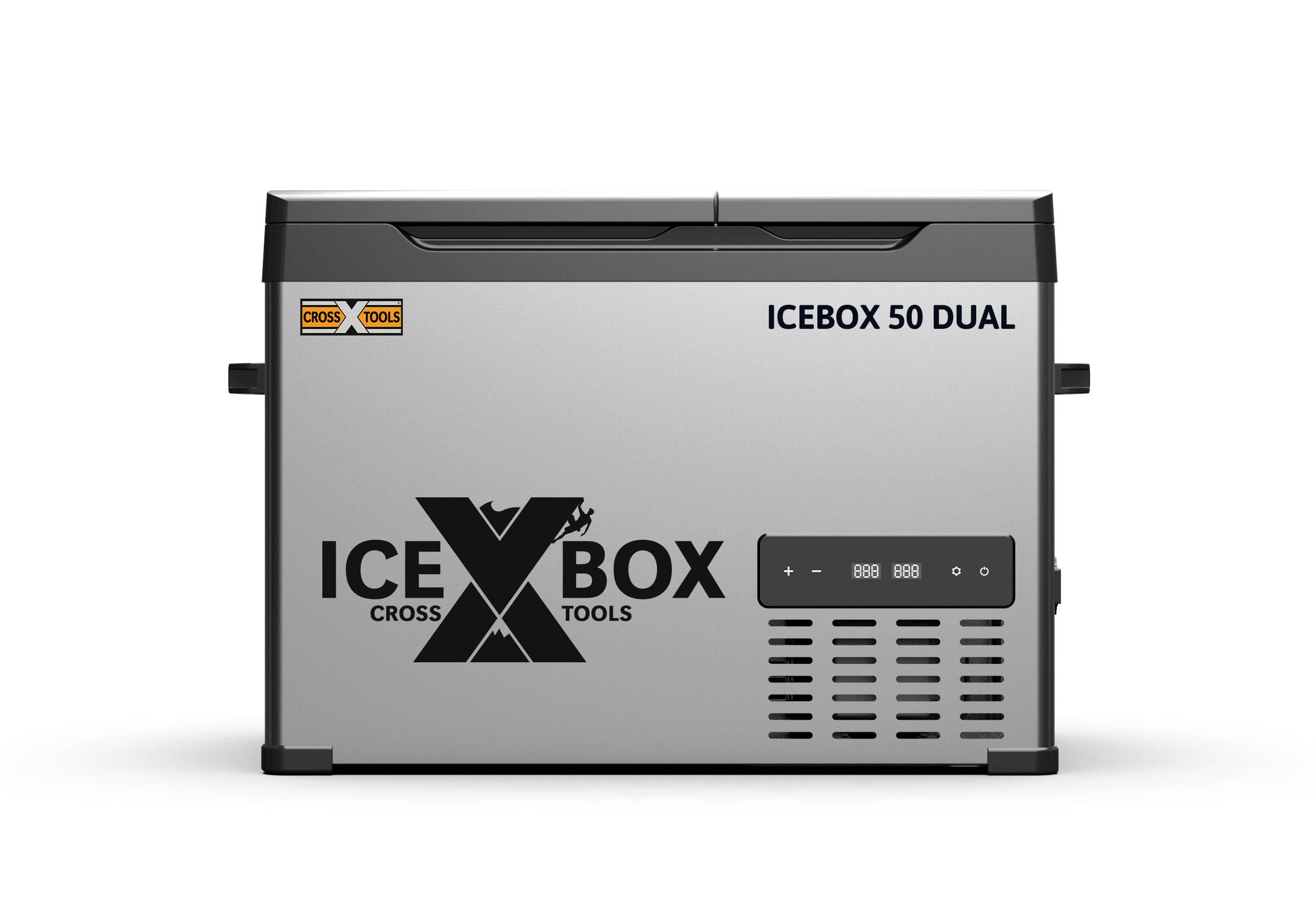 'ICEBOX 50 DUAL' Kühlschrank von Cross Tools, Frontansicht. Silbernes Gehäuse mit schwarzem Logo und Bedienelementen.