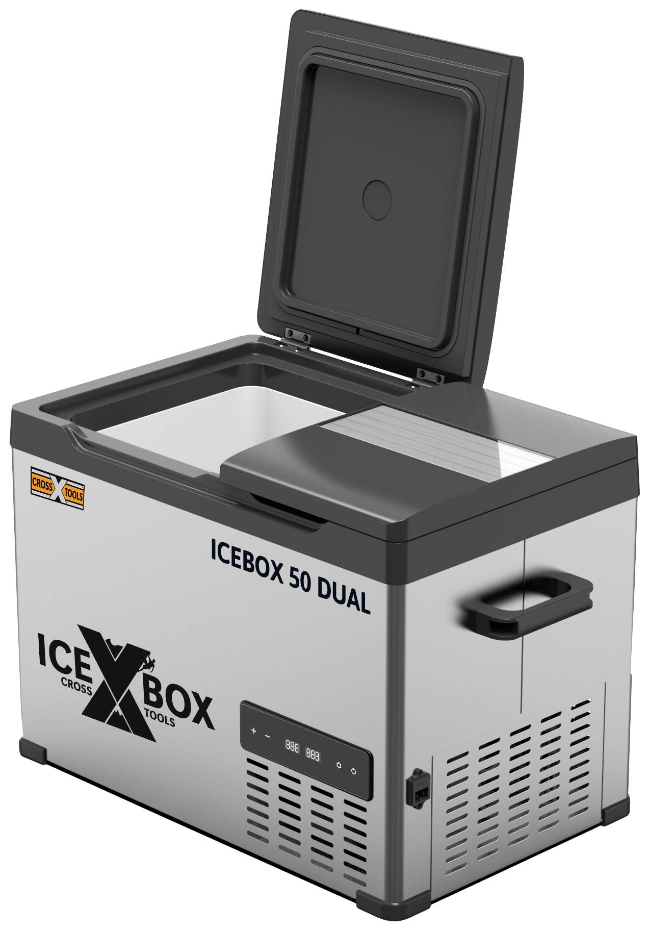 Ein silberner tragbarer Gefrierschrank mit offener Klappe, Markenname 'Ice Box 50 Dual'. Rechteckige Form, schwarze Griffe.