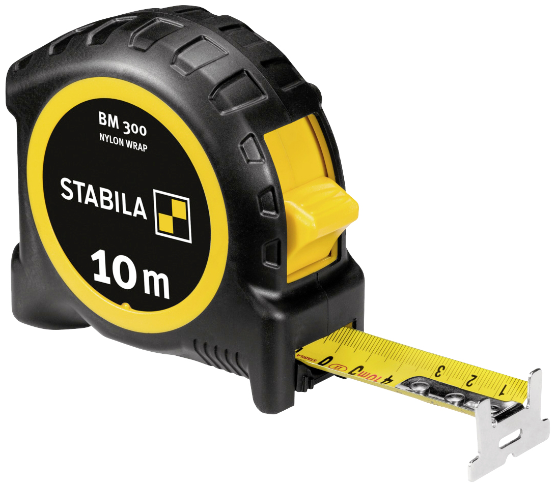 Schwarz-gelbes Maßband von Stabila mit 10 m Länge, herausgezogenes Band zeigt Zentimeter-Markierungen. Ideal für Bau und Heimwerk.