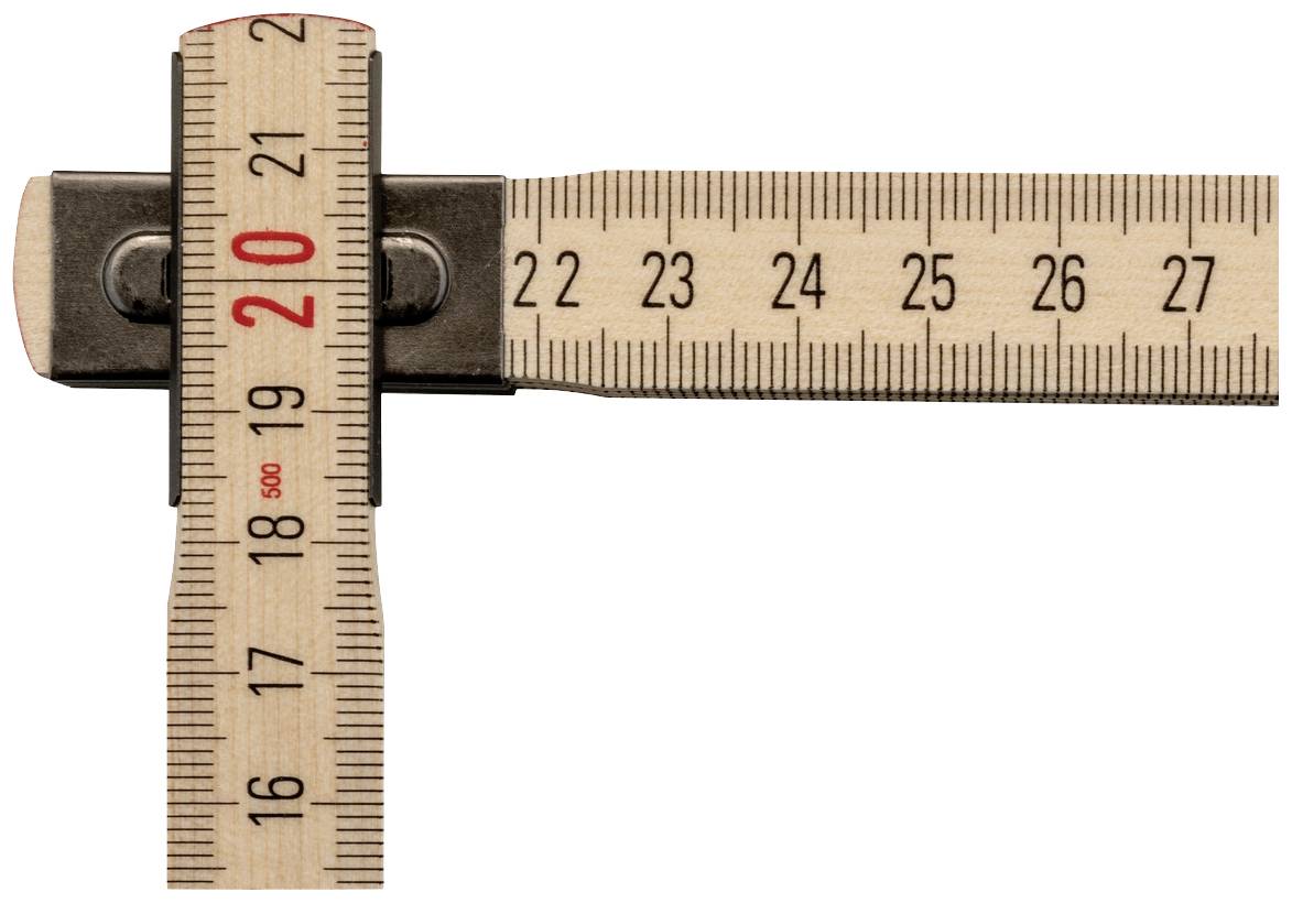 Maßstab aus Holz in einem rechten Winkel gebogen, zeigt die Zahlen 13 bis 27 an. Der rote Wert 20 ist hervorgehoben.