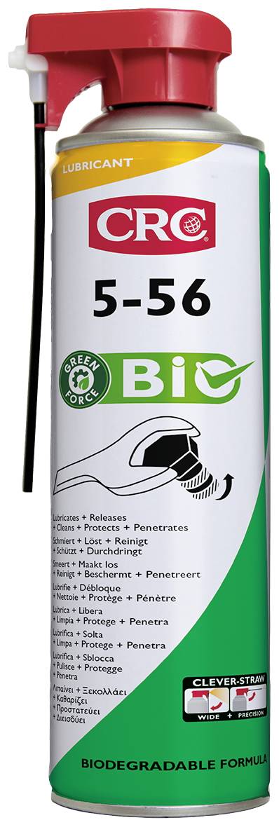 Eine Dose Schmiermittel mit der Aufschrift 'CRC 5-56 Bio'. Sie hat eine rote Sprühkappe. Text auf der Dose weist auf biologische Abbaubarkeit hin.