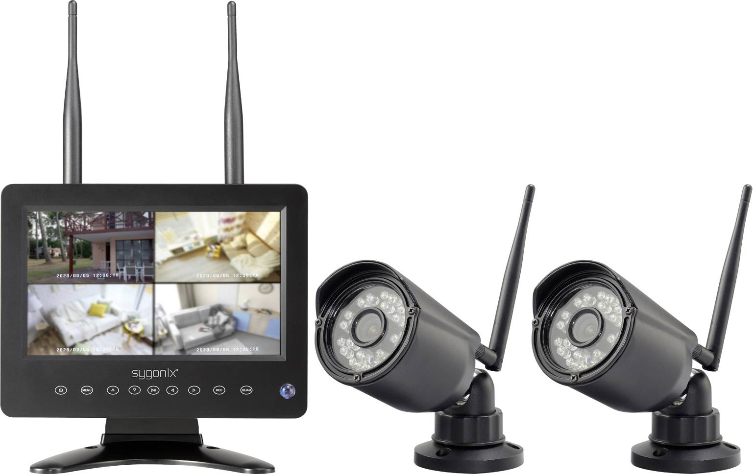 Überwachungsset mit Monitor und zwei drahtlosen Kameras, die für Sicherheit und Überwachung in Innen- oder Außenbereichen verwendet werden.