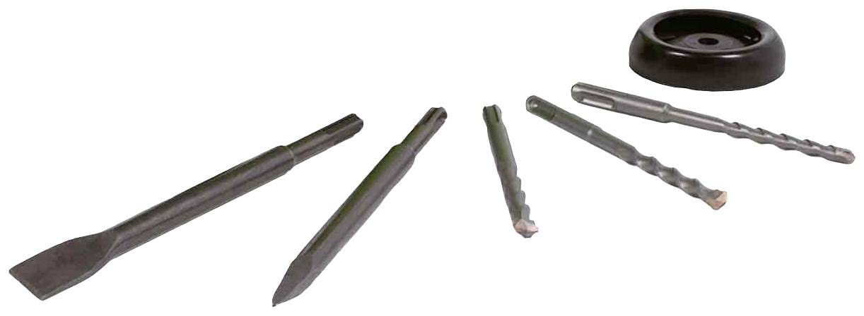 Sechs verschieden geformte Bohrer und Meißel, die mit einer schwarzen Halterung auf einer weißen Oberfläche dargestellt sind.