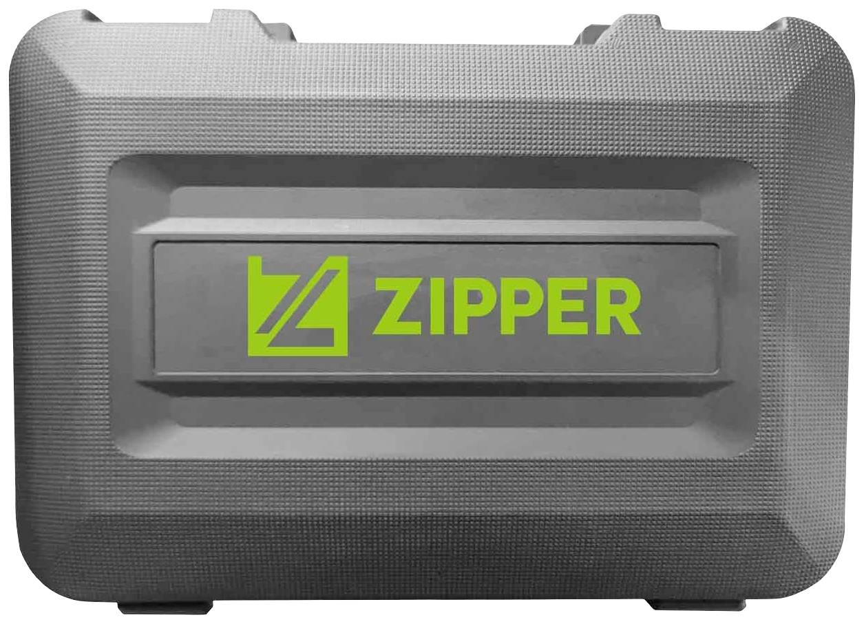 Grauer Koffer mit grünem Logo und Schriftzug 'ZIPPER' auf der Vorderseite.