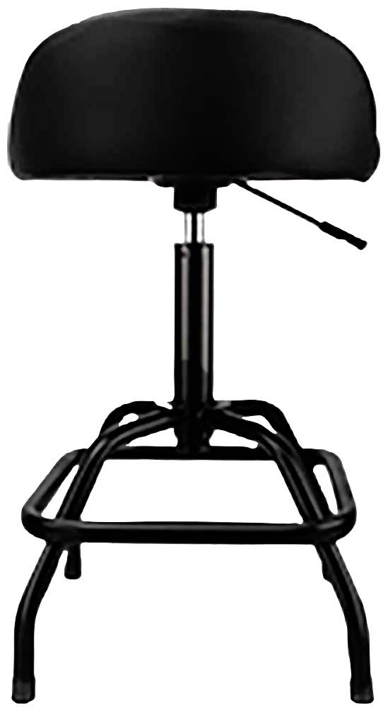 Ein schwarzer Hocker mit runder, gepolsterter Sitzfläche und verstellbarem Metallgestell. Ideal für Arbeitsplatz oder Bar.