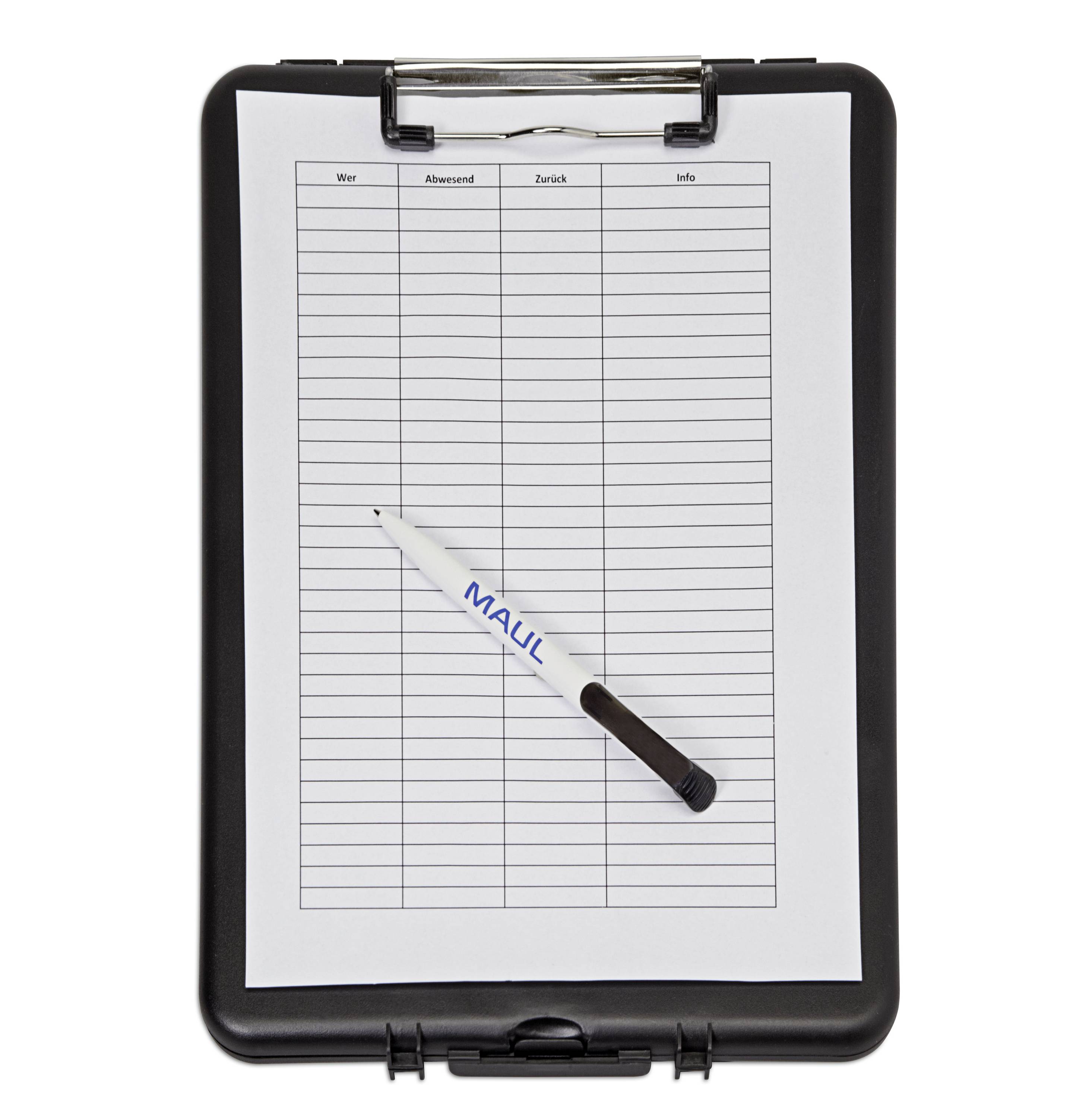 Klemmbrett mit Tabelle und Stift. Tabelle enthält Spalten für 'Wer', 'Abwesend', 'Zurück', 'Info'. Der Stift ist diagonal platziert.