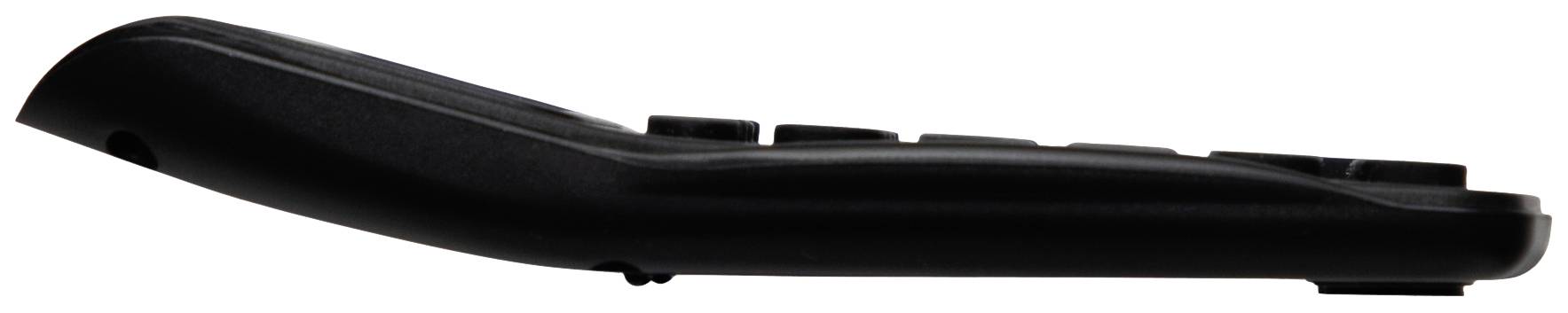 Schwarze Fernbedienung in Seitenansicht, zeigt schlankes Design mit Tasten leicht sichtbar von der Oberseite.
