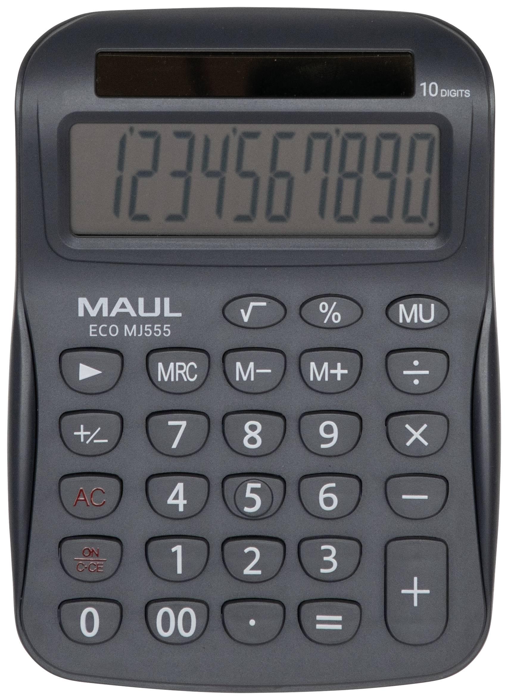 Ein schwarzer Taschenrechner zeigt die Zahlenfolge '1234567890' auf seinem Display. Oberhalb befinden sich Funktionstasten wie M+, MR, MC.