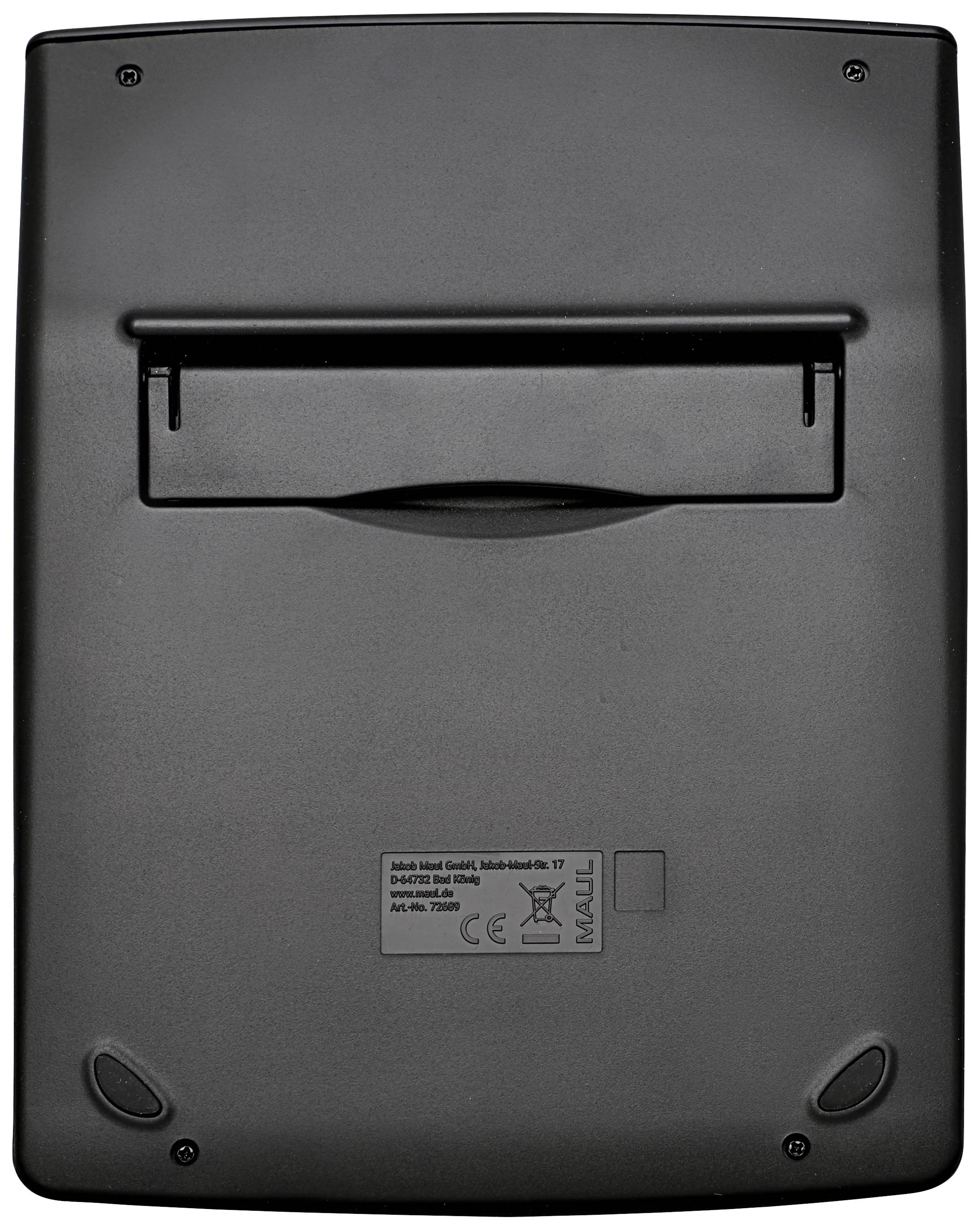 Eine schwarze elektronische Waage, Rückansicht, zeigt keine sichtbaren Messwerte oder Bedienelemente.