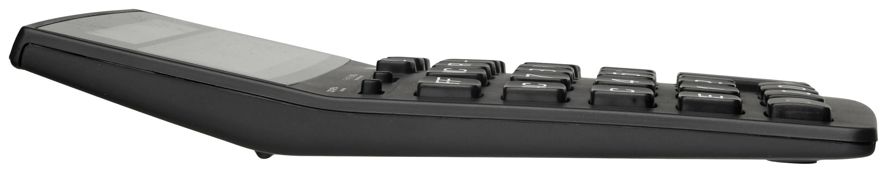 Ein seitliches Bild eines Taschenrechners, das seine Tasten sowie das leicht geneigte Display zeigt.