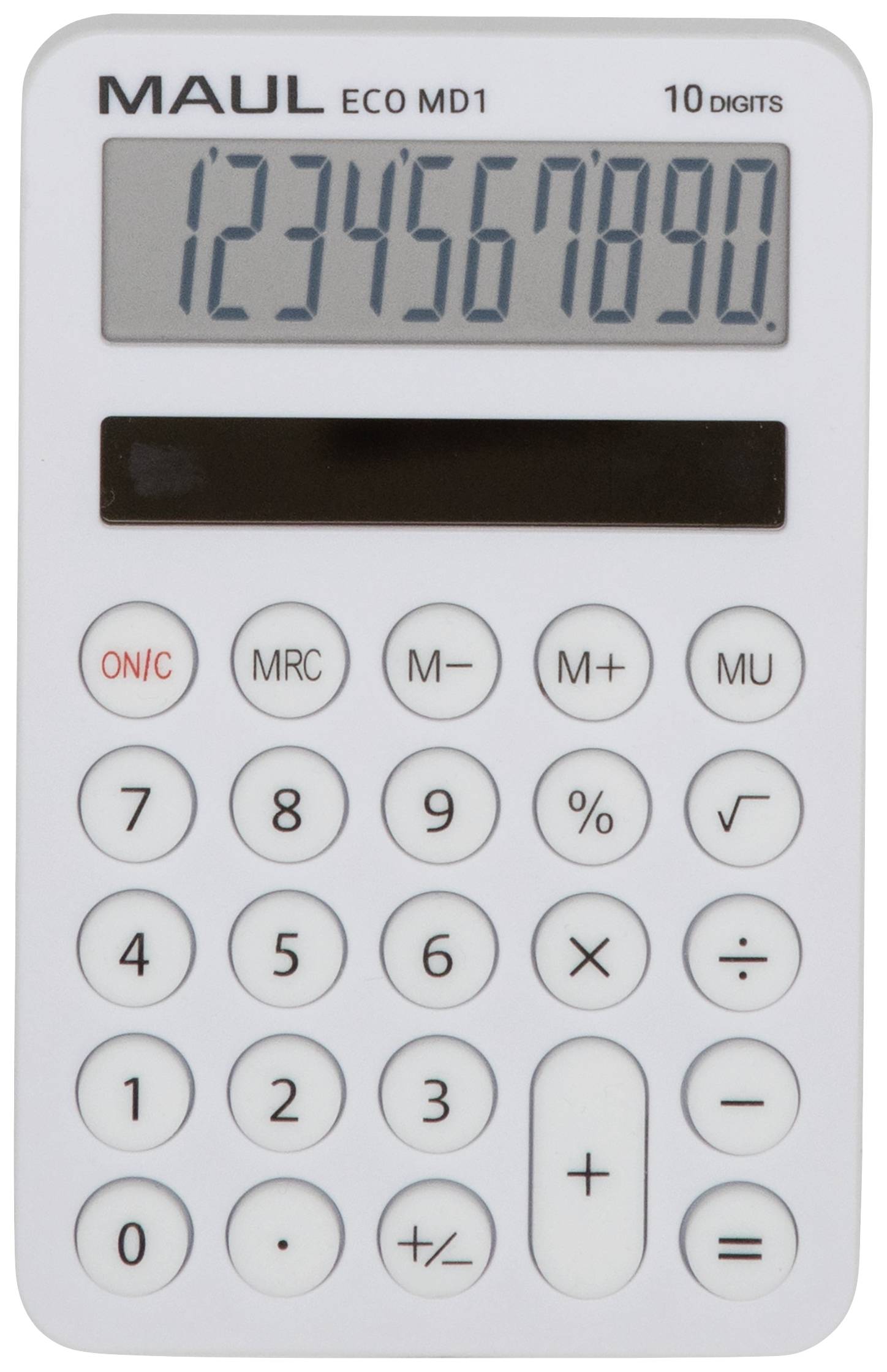 Ein weißer Taschenrechner mit digitalem Display zeigt die Zahlen '1234567890'. Oben links steht 'MAUL ECO MD1'.