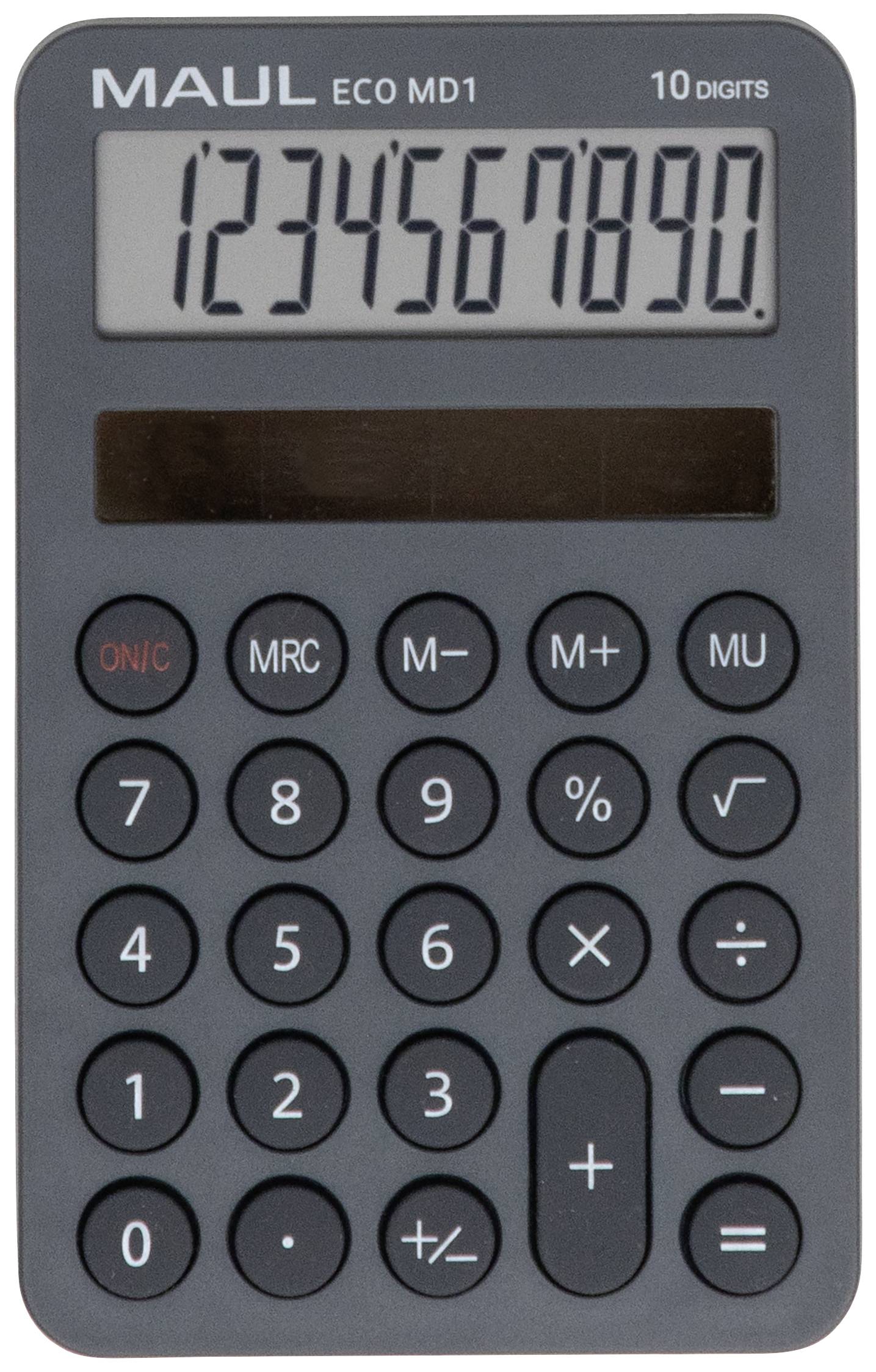 Ein schwarzer Taschenrechner zeigt die Zahlen '1234567890' auf dem Display. Oben steht 'MAUL ECO MD1 10 Digits'.